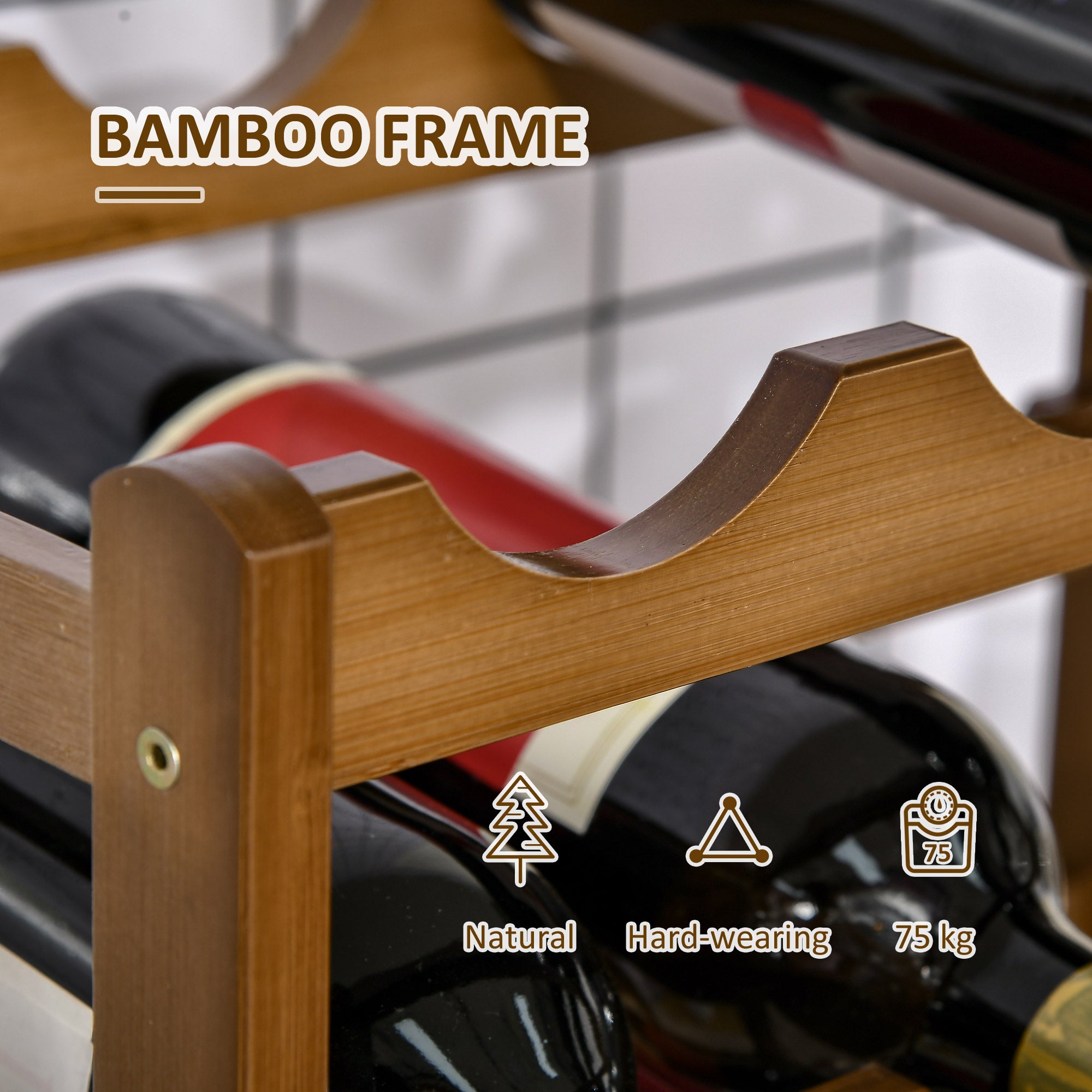 HOMCOM Free Standing Bamboo Wine Rack with 16 Bottles Holder, 4-tier Water Bottle Organiser, Display Shelf for Countertop, Home Bar, Brown