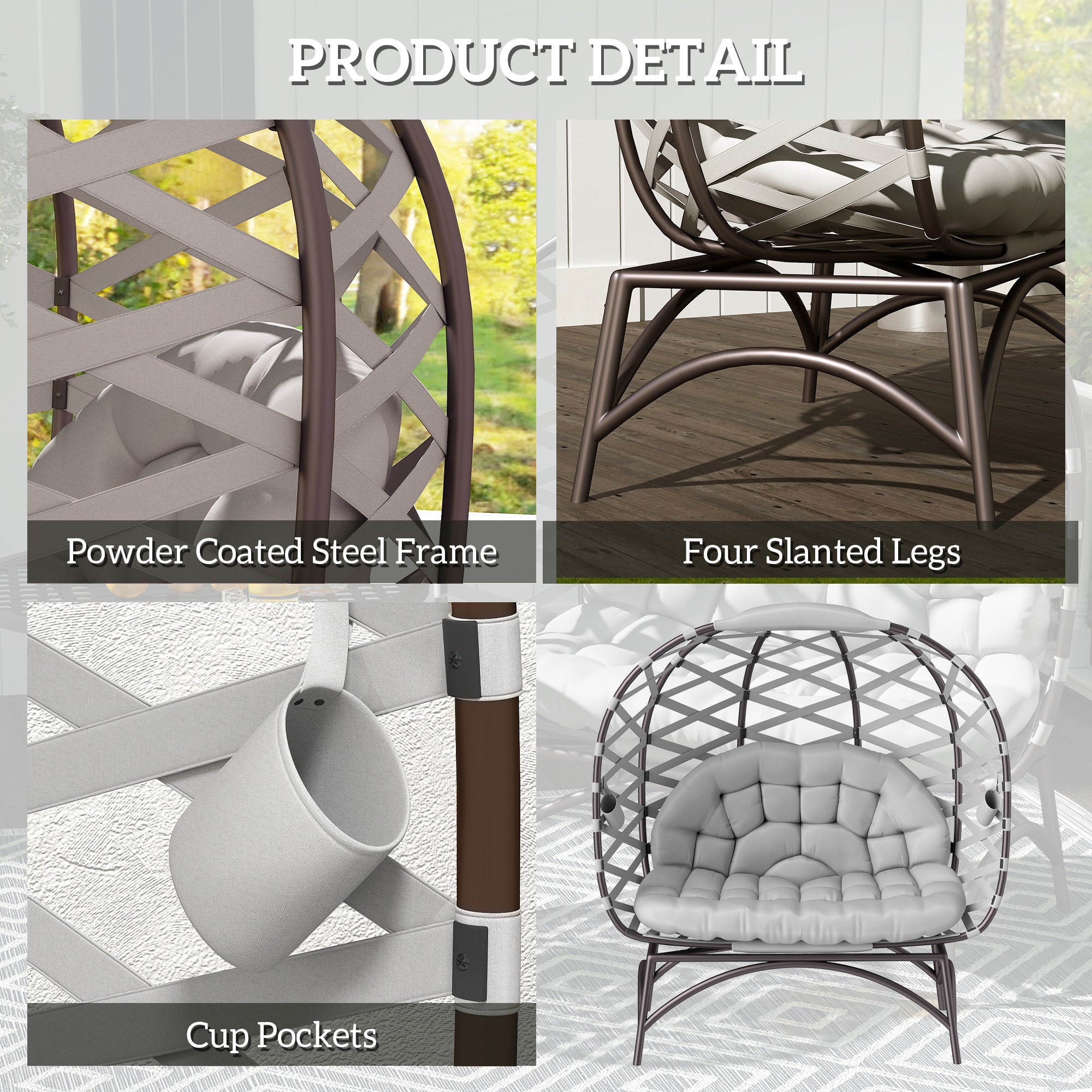 Outsunny 2 Seater Egg Chair Outdoor, Folding Weave Garden Furniture Chair with Cushion, Cup Pockets - Light Grey