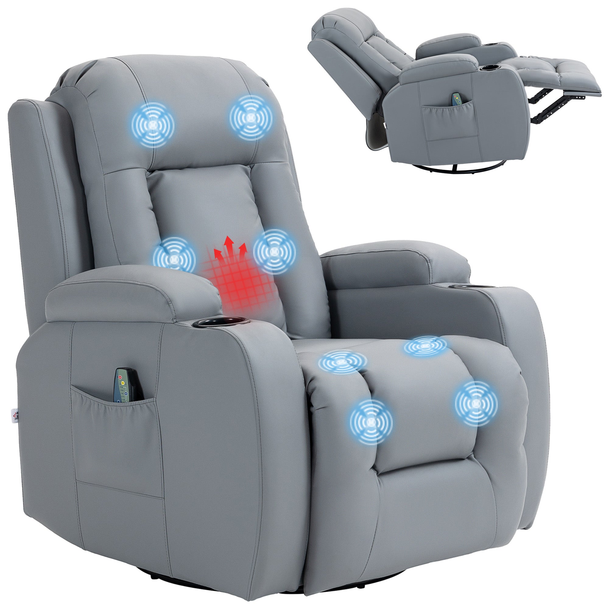 HOMCOM Massage Recliner Chair with 8 Vibration & Heat, PU Leather Recliner Armchair with Cup Holders and Side Pockets, Manual Reclining Chair with Remote, 360\'c2\'b0 Swivel, Rocking, Light Grey