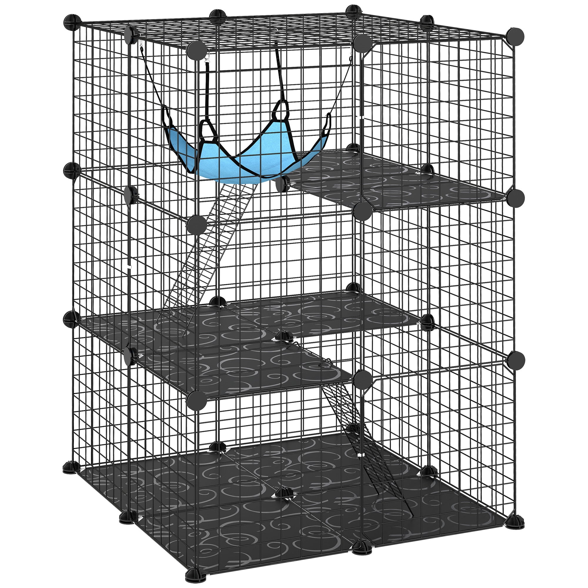 PawHut Indoor Cat Cage DIY Customizable 3-Tier Indoor Cat Enclosure with 3 Doors and Hammock 105 cm Black