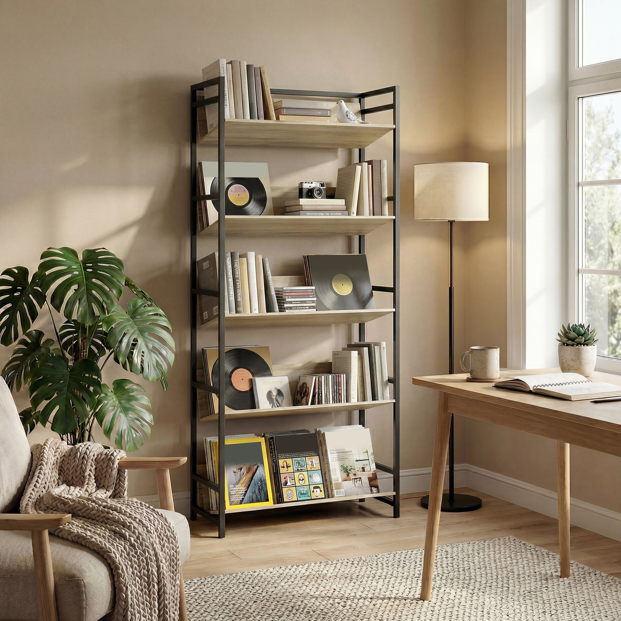 HOMCOM Bookshelf 5-Tier Metal Frame Bookcase Storage Shelves for Living Room Oak