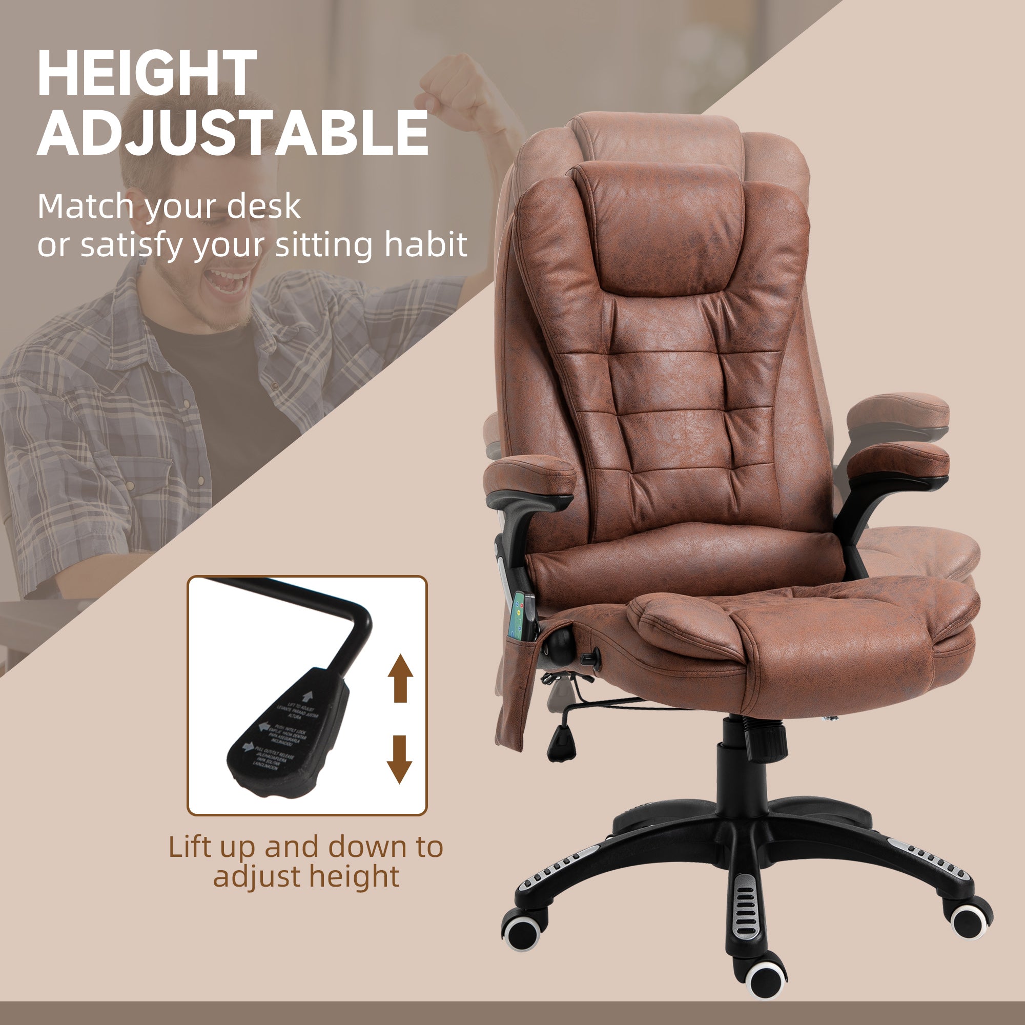 Vinsetto Massage Recliner Chair Heated Office Chair with Six Massage Points Microfiber Cloth 360\'c2\'b0 Swivel Wheels Brown