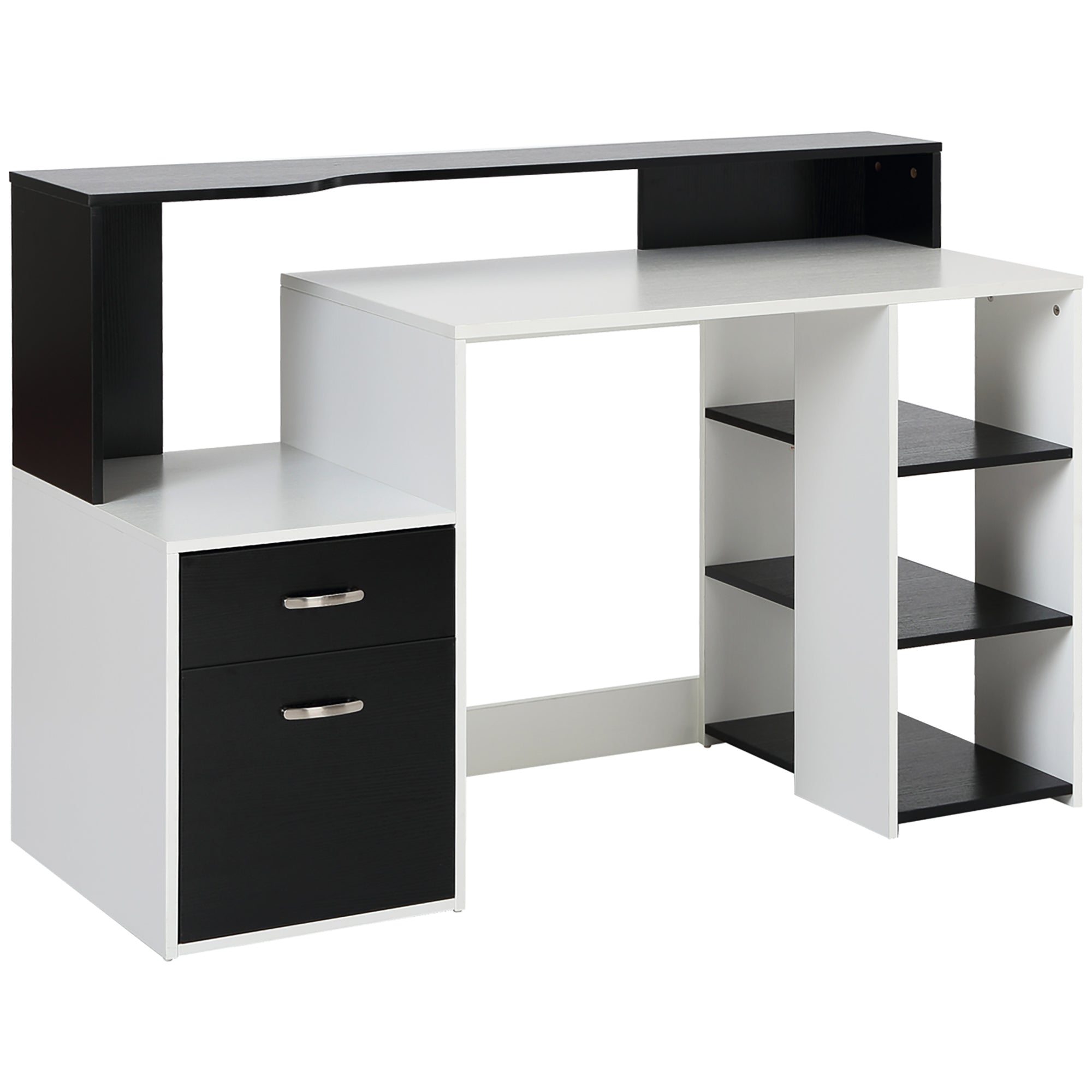 HOMCOM Computer Desk with Drawers and Storage Shelves, Reception Desk, Study Workstation for Home Office, 137 x 55 x 92cm, Black and White
