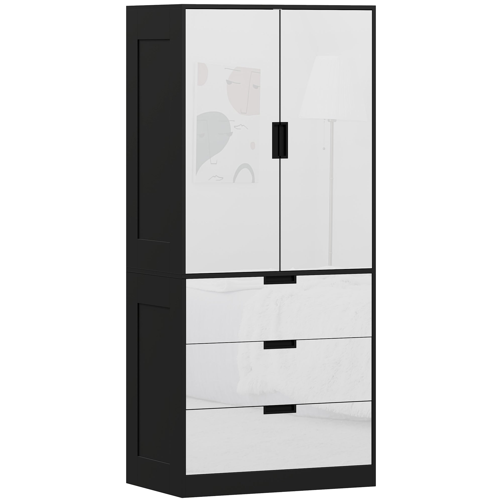 HOMCOM 2 Door Wardrobe, Modern Wardrobe with 3 Drawers and Hanging Rod for Bedroom, High Gloss White