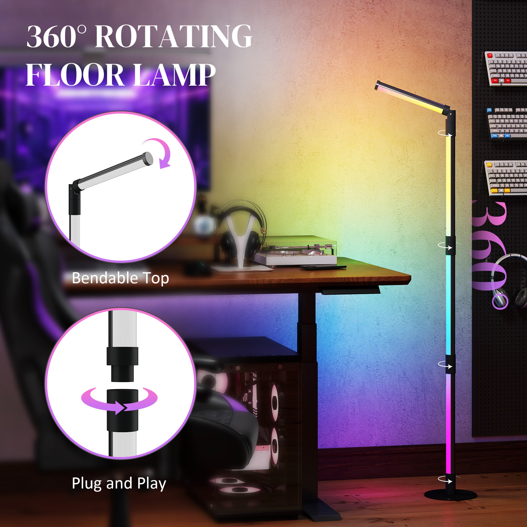 HOMCOM LED Floor Lamp, 360\'c2\'b0 RGB Detachable Corner Floor Lamp with App & Remote Control, Colour Changing Standing Lamp with Music Sync & Timing, for Living Room, Game Room, Dark Grey