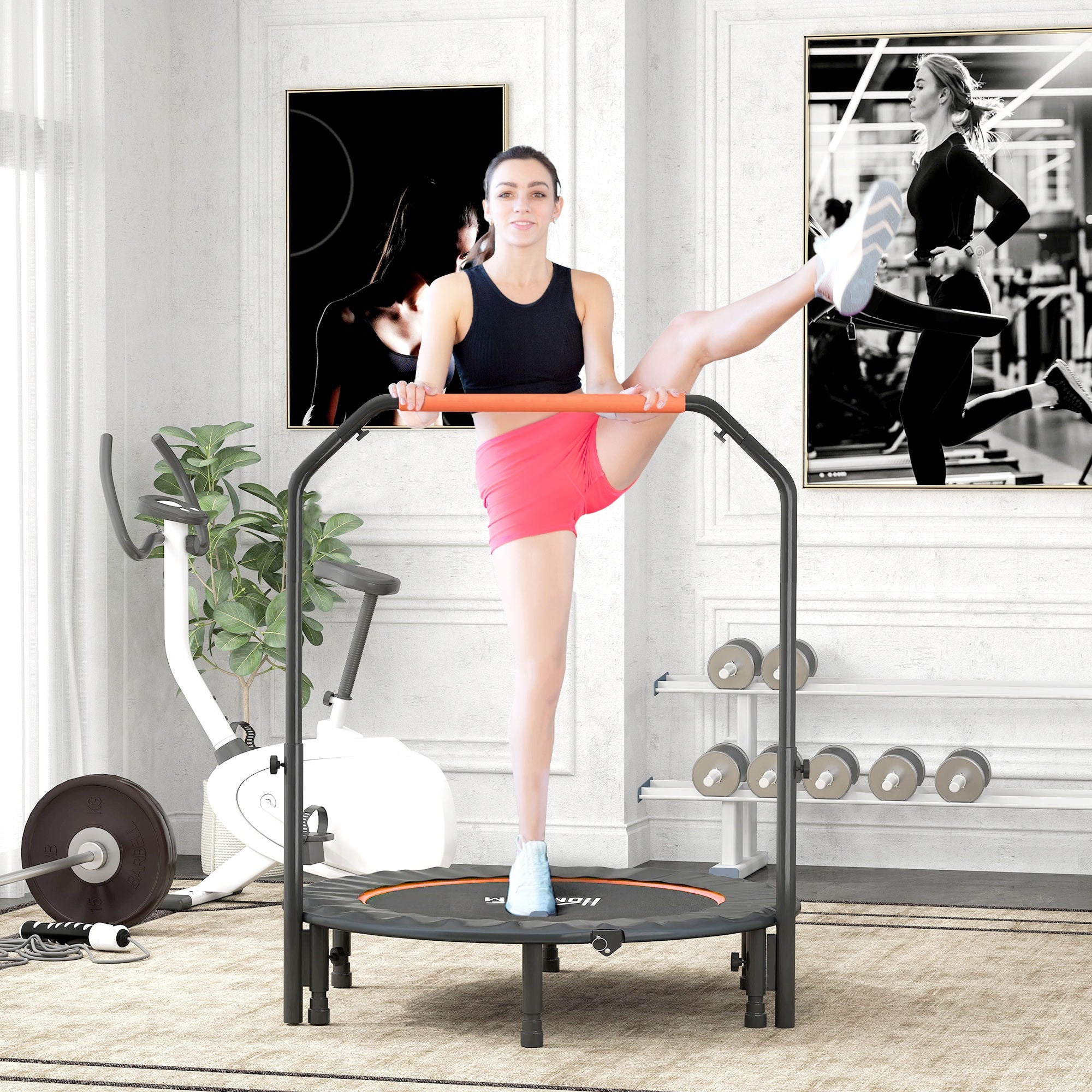 HOMCOM 45" Foldable Mini Fitness Trampoline, with Adjustable Foam Handle, Orange