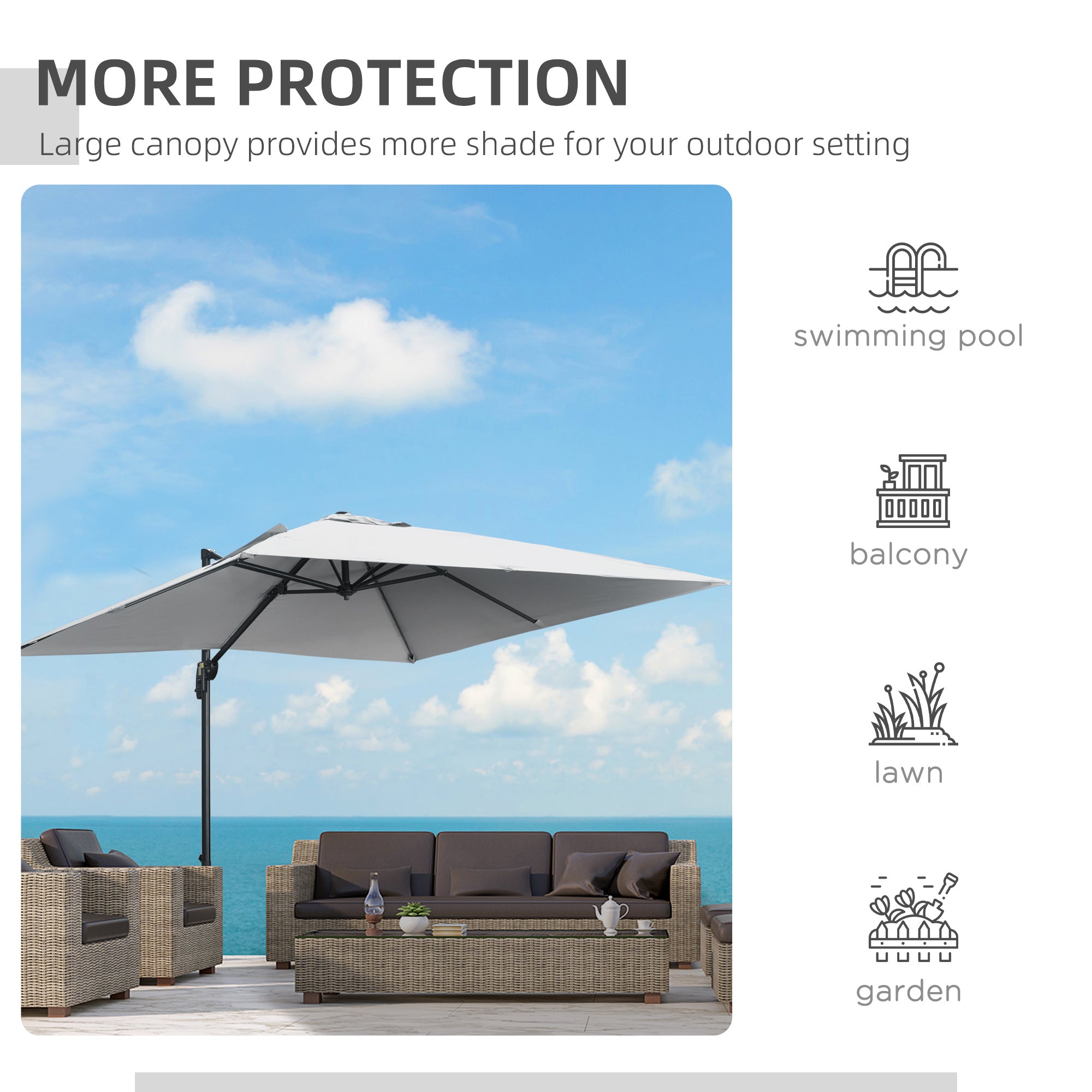 Outsunny 2.7 x 2.7 m Cantilever Parasol, Square Overhanging Umbrella with Cross Base, Crank Handle, Tilt, 360\'c2\'b0 Rotation and Aluminium Frame, Grey