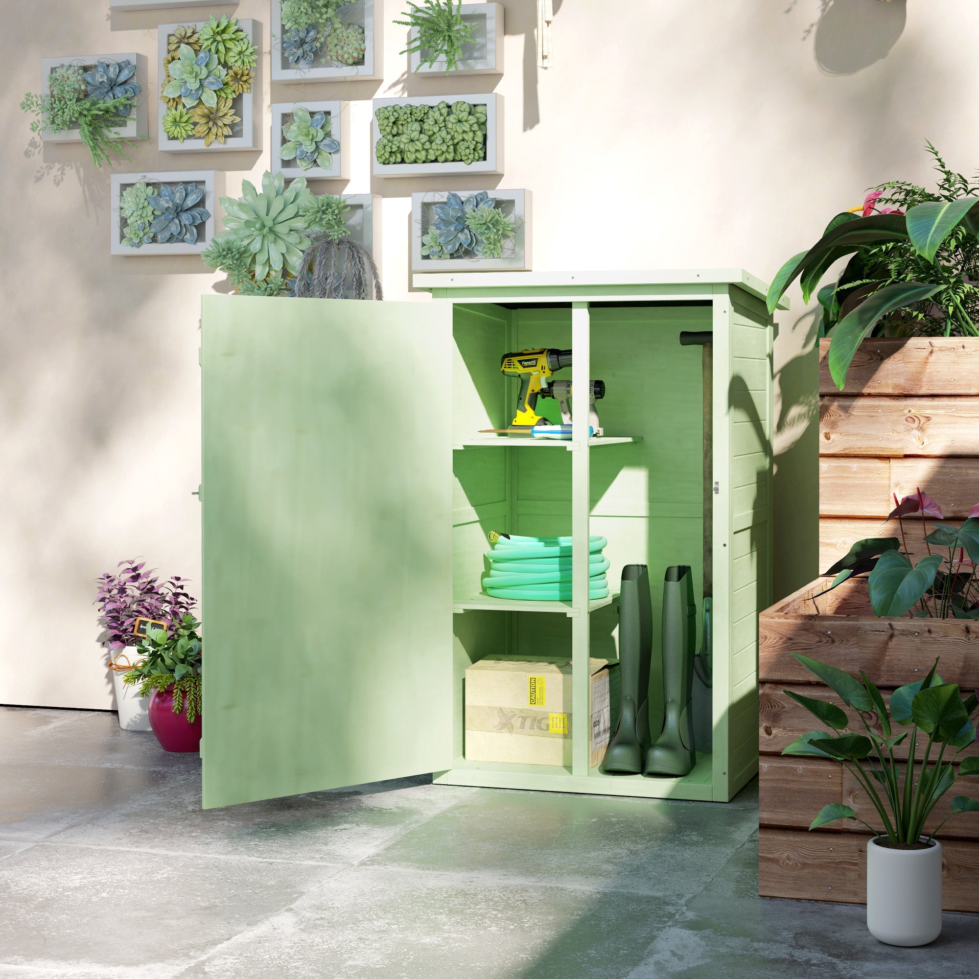 Outsunny Wooden Small Shed, Garden Storage Shed with Shelves and Bolt Latch, 75L x 56W x115H cm, Green