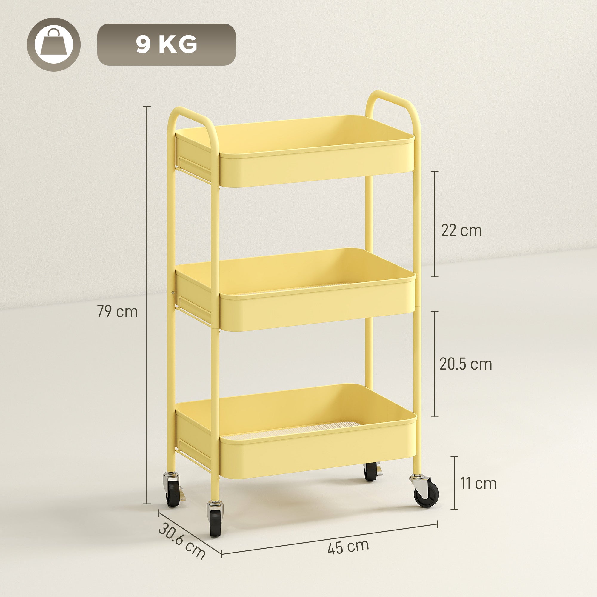 HOMCOM Three-Tier Steel Storage Trolley - Yellow