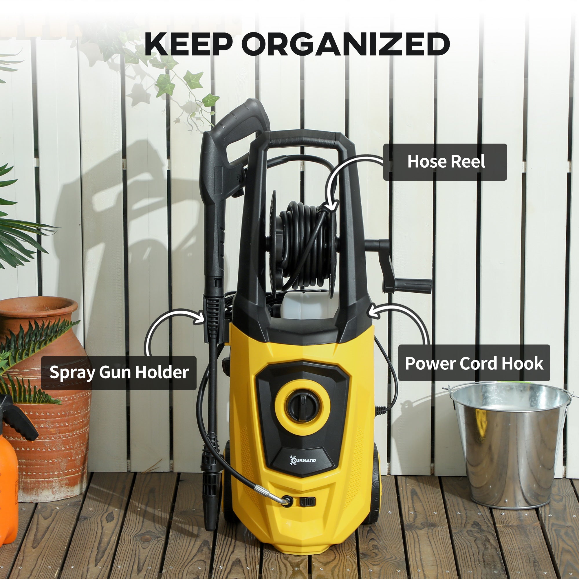 DURHAND 1800W High\'c2\'a0Pressure\'c2\'a0Washer, 150 Bar Pressure, 510 L/h Flow, High-Performance Portable Power Washer Jet Wash Cleaner with 6M Hose and Hose Reel for Garden, Car, Furniture, Yellow