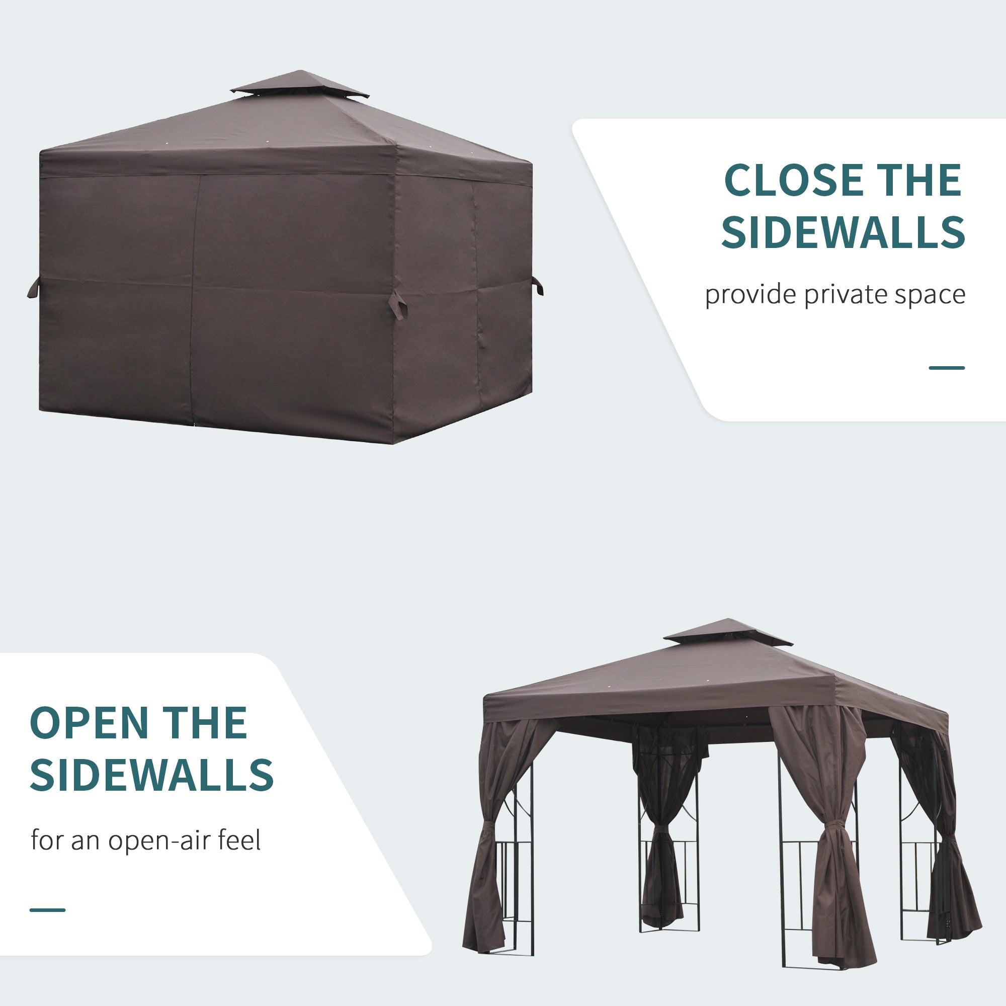 Outsunny 3 x 3 m Garden Gazebo Double Roof Marquee Patio Wedding Party Tent Canopy Shelter with Sidewalls (Brown)