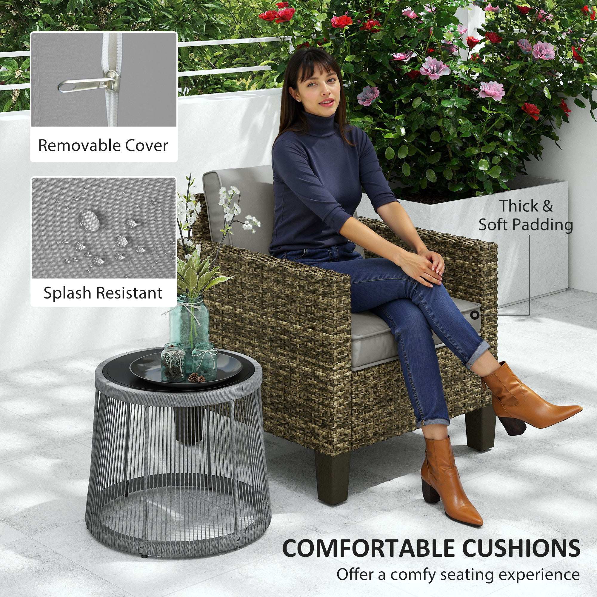 Outsunny Single Rattan Armchair, with Cushions - Mixed Grey