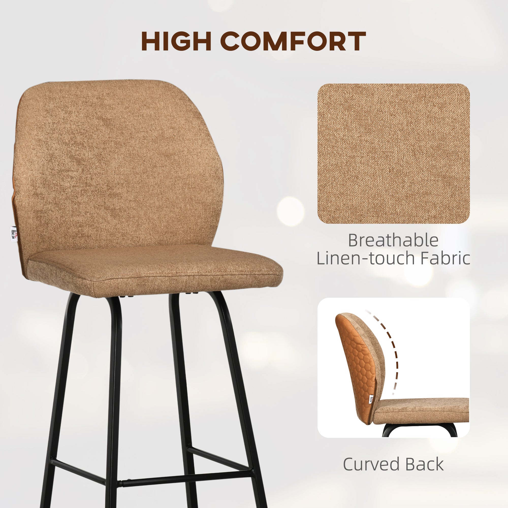 HOMCOM Bar Stools Set of 2, Linen-Touch Upholstered Bar Chairs, Kitchen Stools with Backs and Steel Legs for Dining Room, Light Brown
