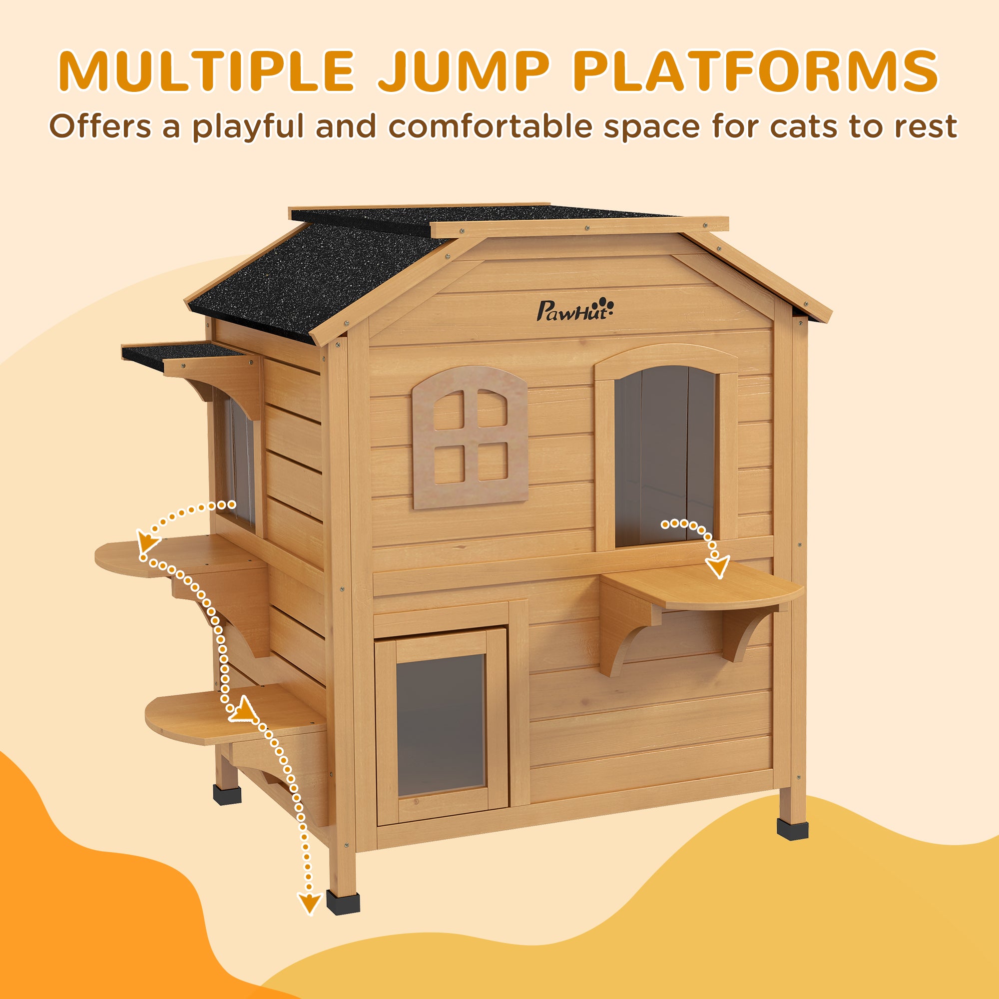 PawHut\'c2\'a02-story Cat House Outdoor, Weatherproof\'c2\'a0Wooden Cat Enclosure for Feral Cats with Escape Door, Openable Roof, Jumping Platforms, Natural Wood Finish