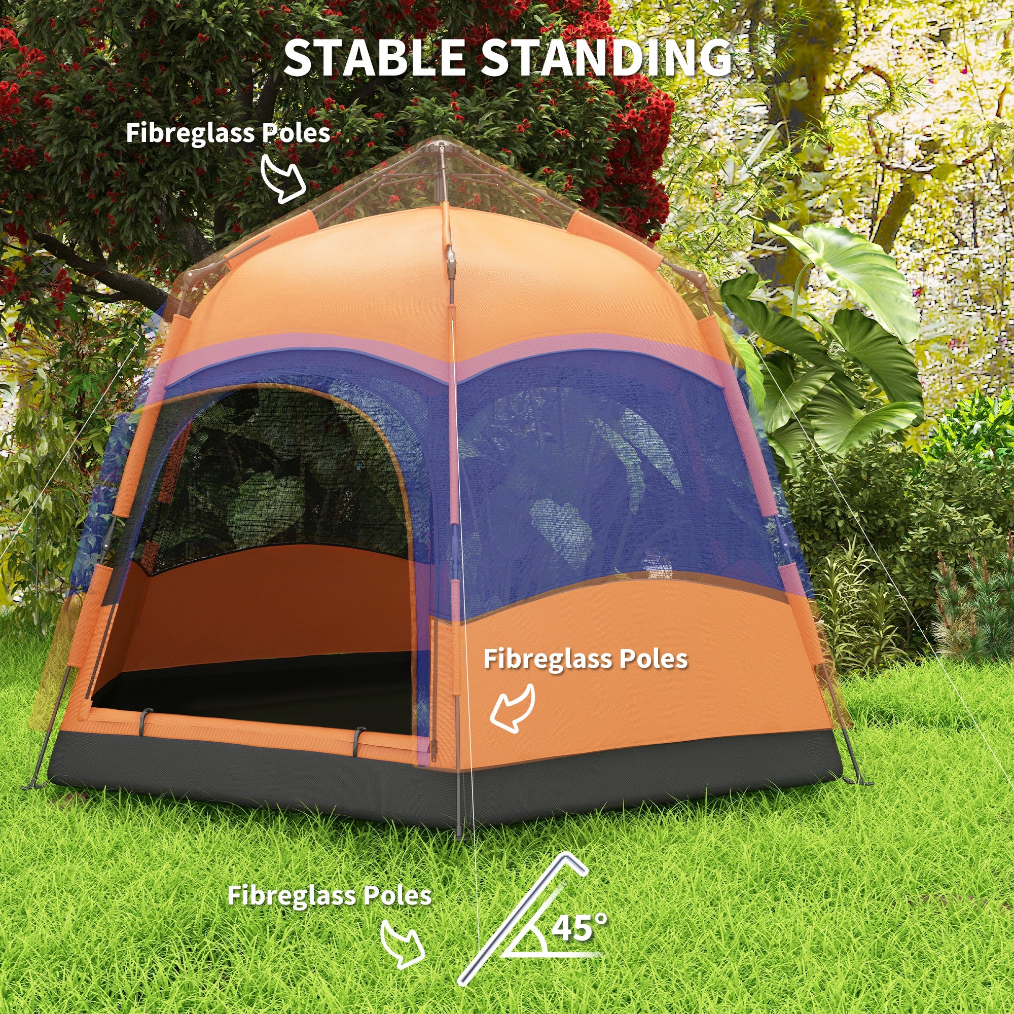 Outsunny Six Man Hexagon Camping Tent with Hang Hook and Carry Bag - Orange and Blue