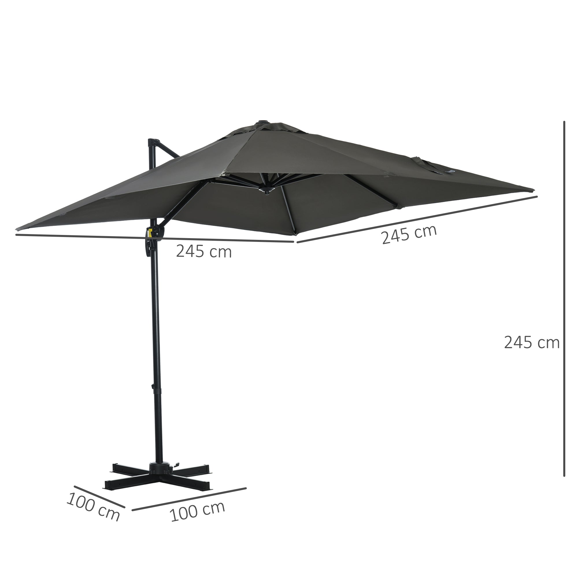 Outsunny 2.5 x 2.5m Patio Offset Parasol Umbrella Cantilever Hanging Aluminium Sun Shade Canopy Shelter 360\'c2\'b0 Rotation with Crank Handle and Cross Base, Grey