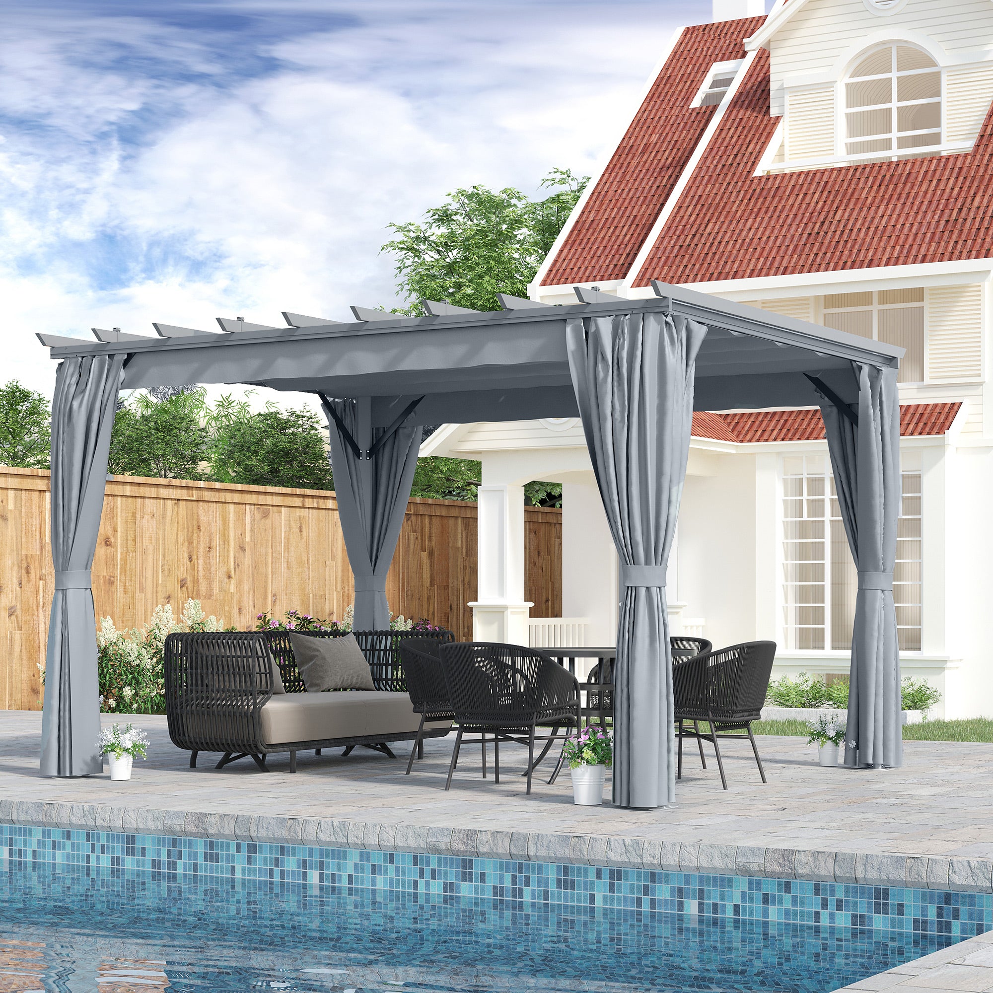 Outsunny 3.6 x 3(m) Outdoor Pergola with Retractable Roof and Curtains, Garden Gazebo Canopy Sun Shade Shelter with Aluminum Frame, Dark Grey