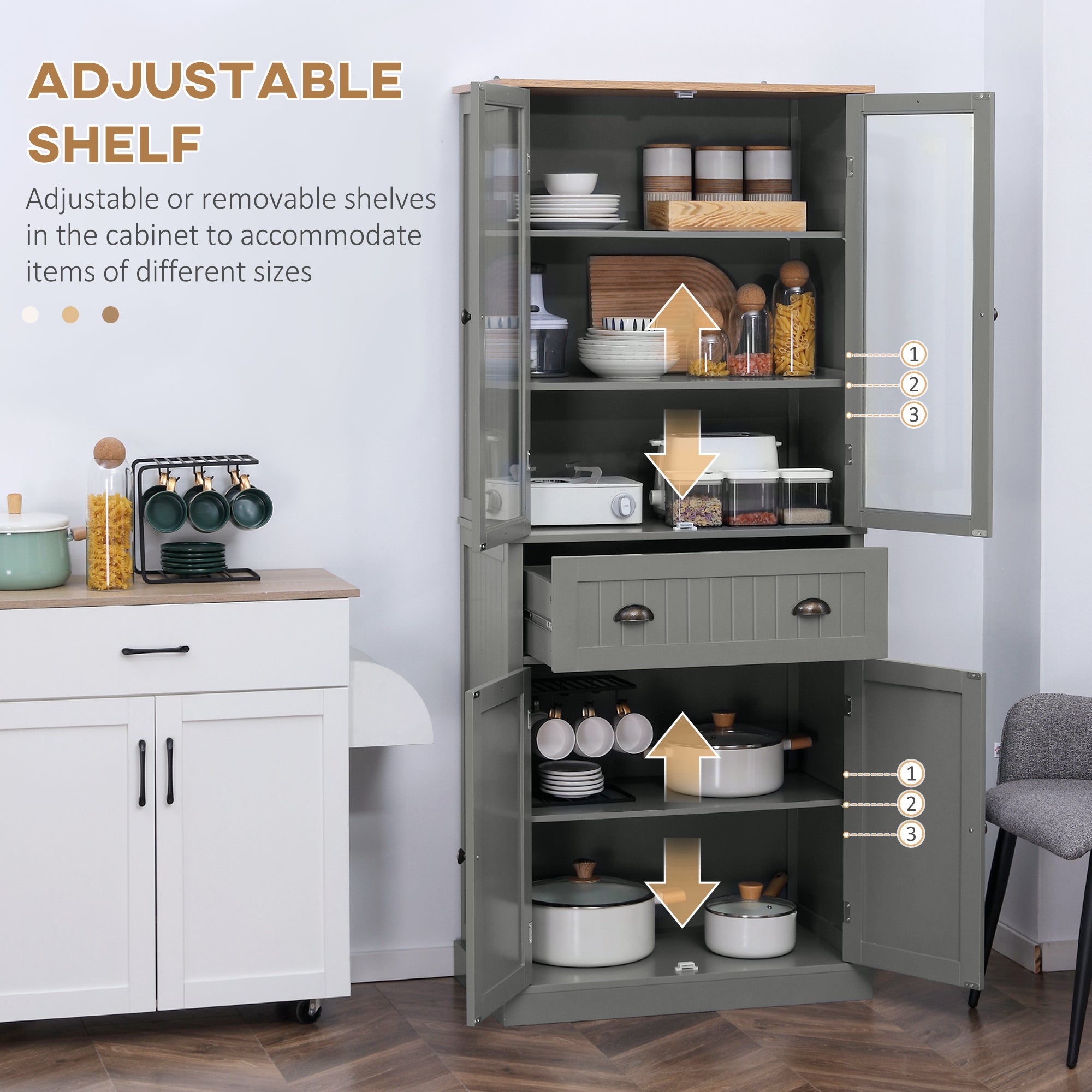 HOMCOM 180cm Tall Kitchen Pantry Cupboard, Freestanding Storage Cabinet with 5 Tier, Adjustable Shelves, Drawer, Grey