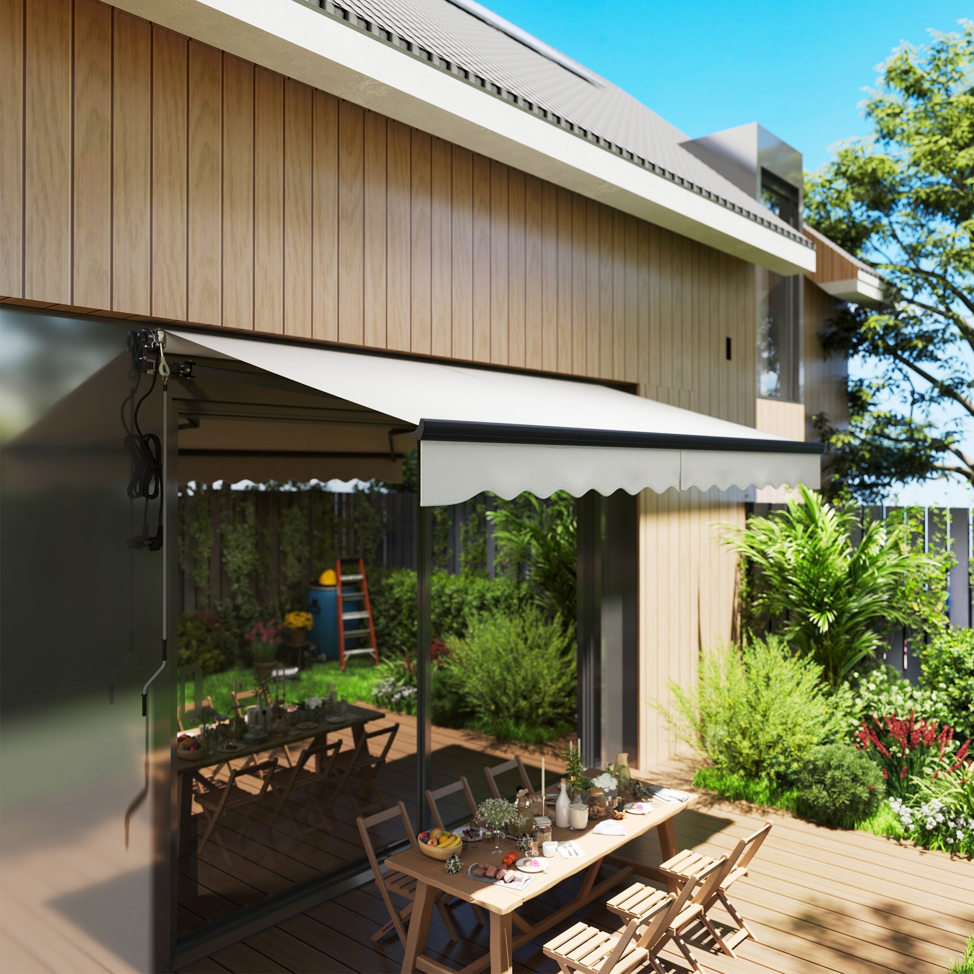 Outsunny 3.5 x 3(m) Electric Awning with Remote Controller, Aluminium Frame DIY Retractable Awning, UV30+ Sun Shade Canopy for Garden Patio Deck Door Window, Light Grey