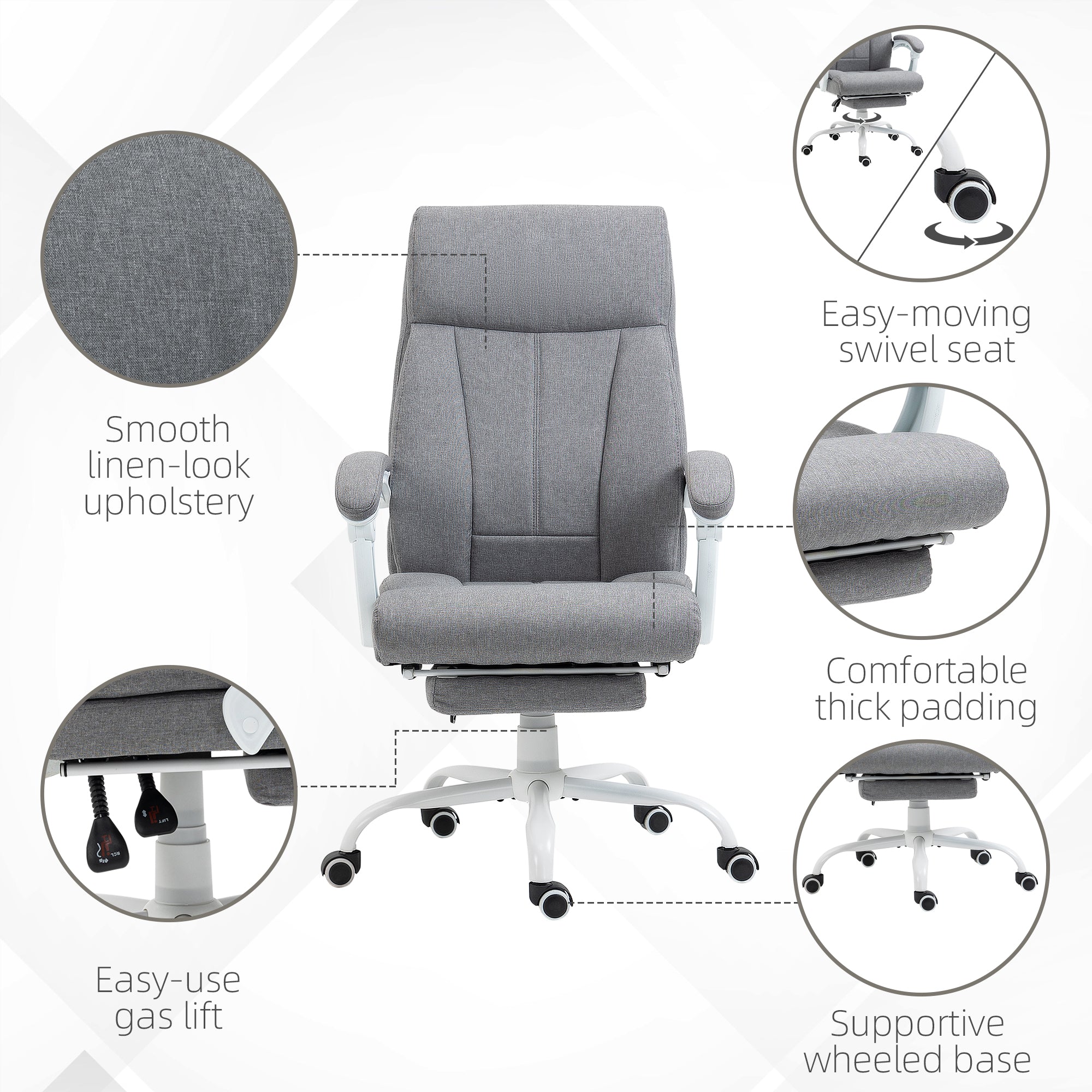 Vinsetto Office Chair, Ergonomic Desk Chair, Fabric Work Study Chair with 155\'c2\'b0 Reclining Back and Footrest, Adjustable Height and Swivel Wheels, Grey