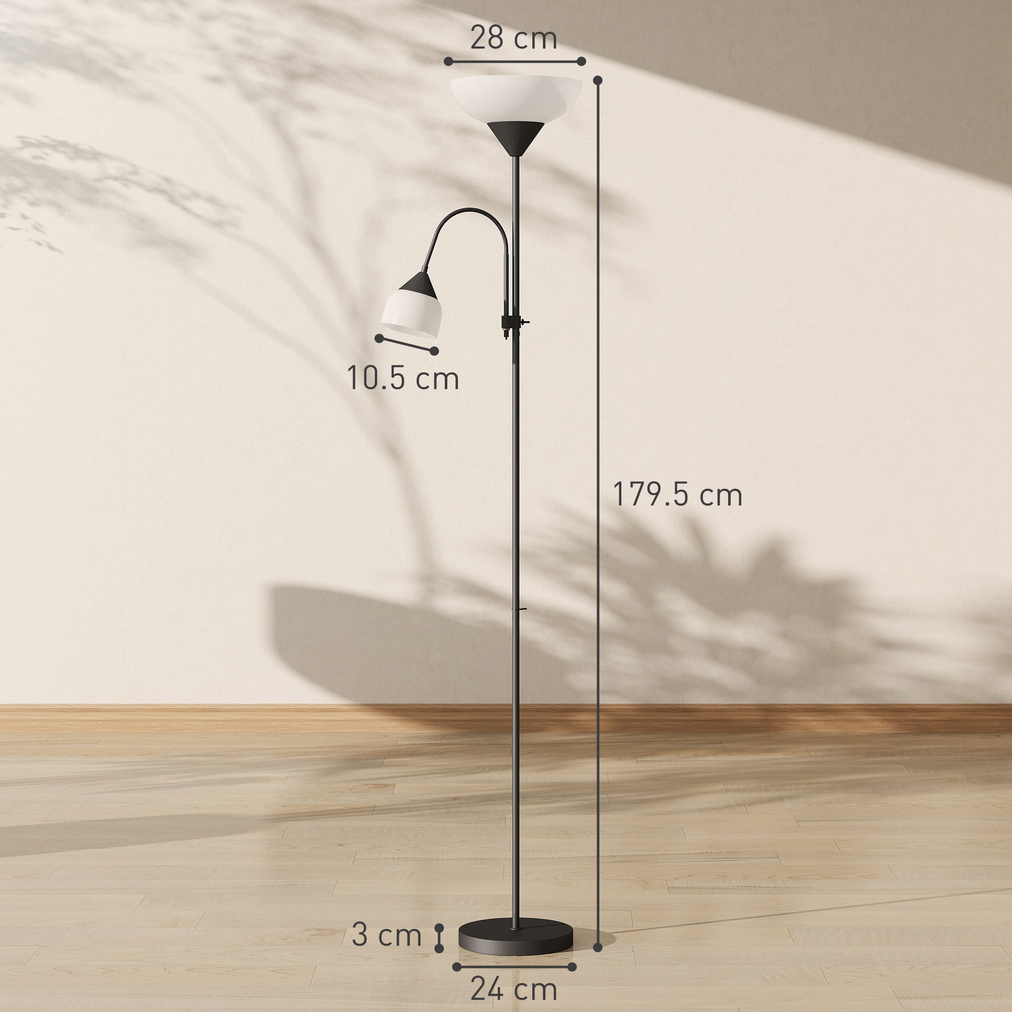 HOMCOM LED Floor Lamp for Living Room, 180cm Tall Standing Lamp, Mother and Child Uplighter with Adjustable Gooseneck, 3000K/4500K/6500K Colour Temperatures, Black