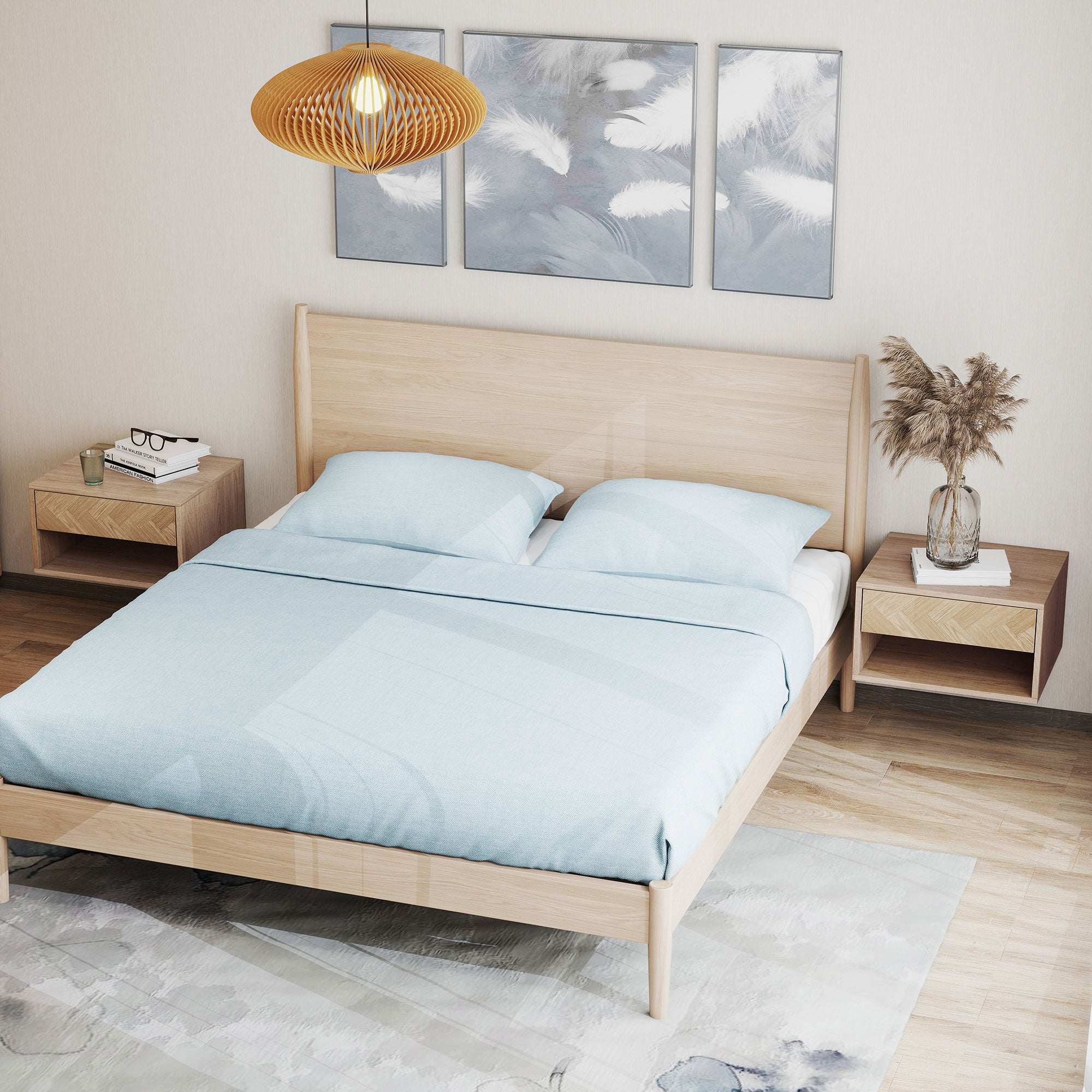 HOMCOM Set of Two Floating Bedside Tables - Natural Wood Finish