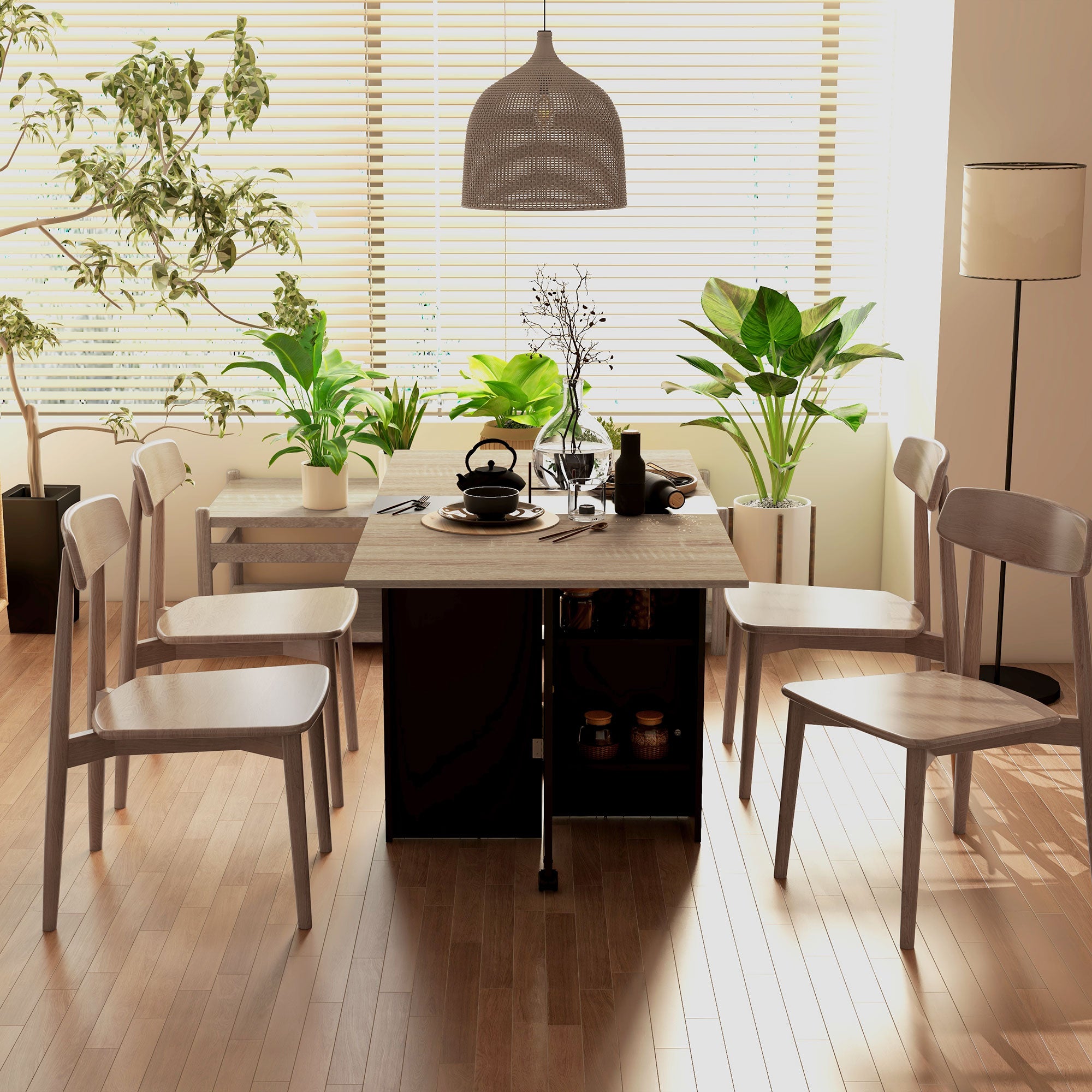 HOMCOM Folding Dining Table, Drop Leaf Table with 2-Tier Shelves, Rolling Casters, for Small Spaces, Kitchen, Oak and Black