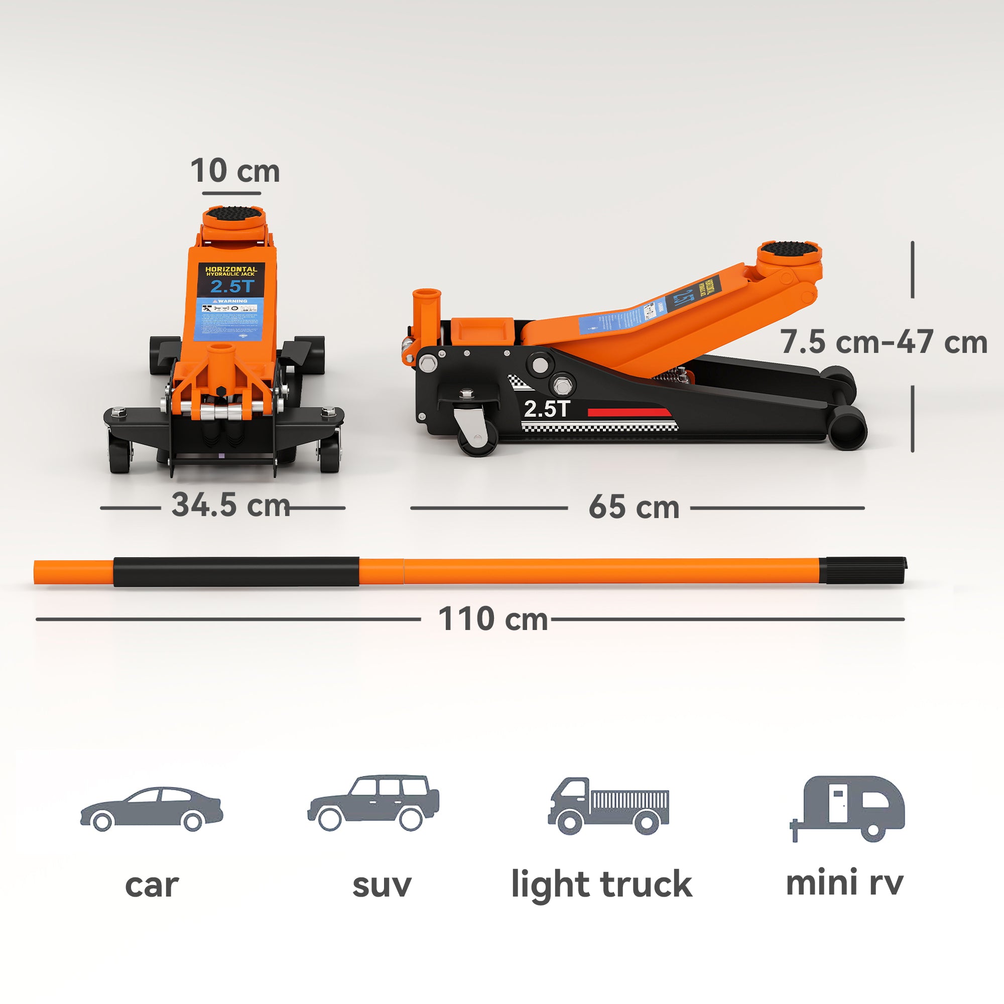 HOMCOM 2.5 Ton Hydraulic Low-Profile Floor Jack, with 7.5-47cm Lifting Range, Wheels, Orange