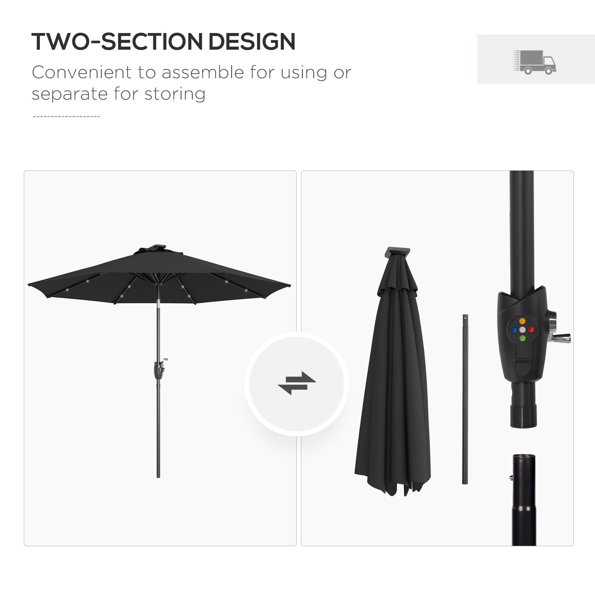 Outsunny \'ce\'a62.7m Garden Parasol Solar Outdoor Tilt Sun Umbrella Patio Sun Shade w/ 24 LED Light, Hand Crank and 8 Ribs, Black