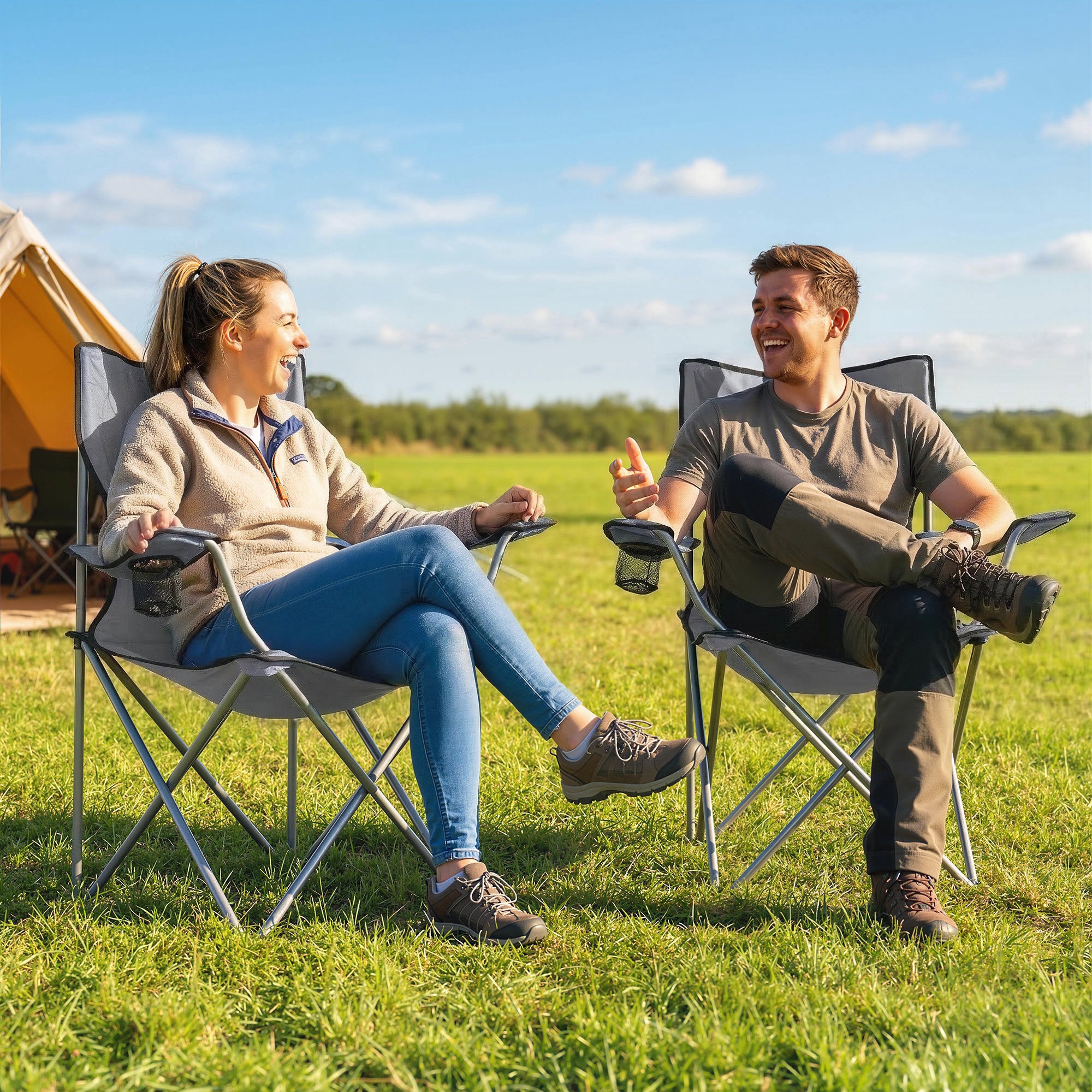 Outsunny Camping Chair Set of 2 Portable Folding Outdoor Camp Chair with Cup Holders and Carry Bag Grey
