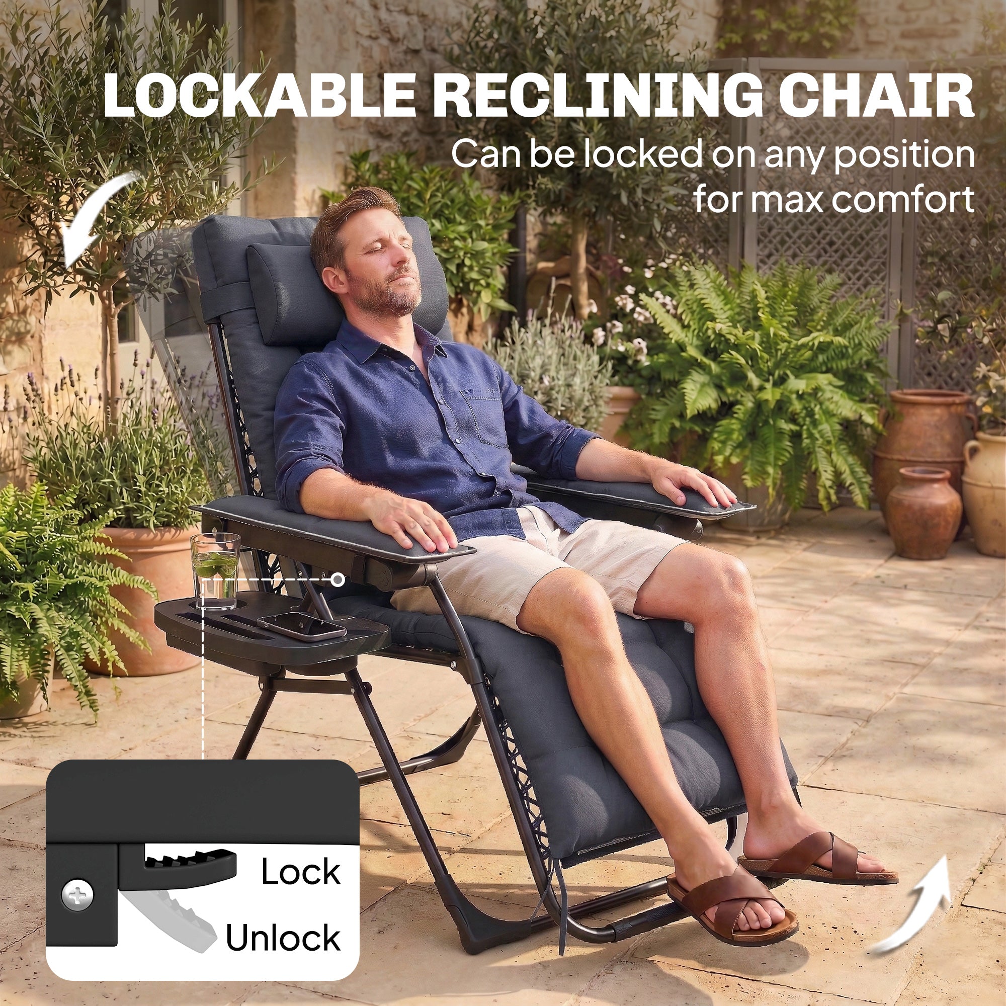 Outsunny Zero Gravity Chair, Folding Sun Lounger Reclining Garden Chair with Arm Pads, Cushion, Cup Holder, Headrest, Dark Grey