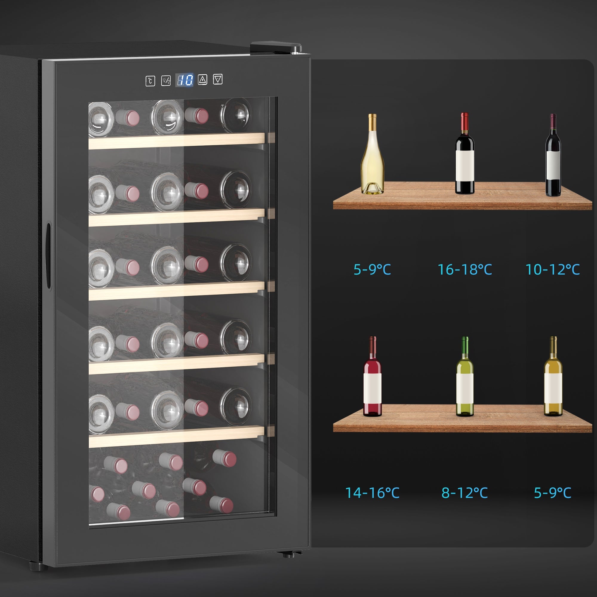 HOMCOM 41 Bottle Wine Fridge, 91 Litre Capacity, 45cm Wine Cooler Fridge with Glass Door, LED Light, Digital Touch Screen, Temperature Control, Freestanding Wine Refrigerator, Black