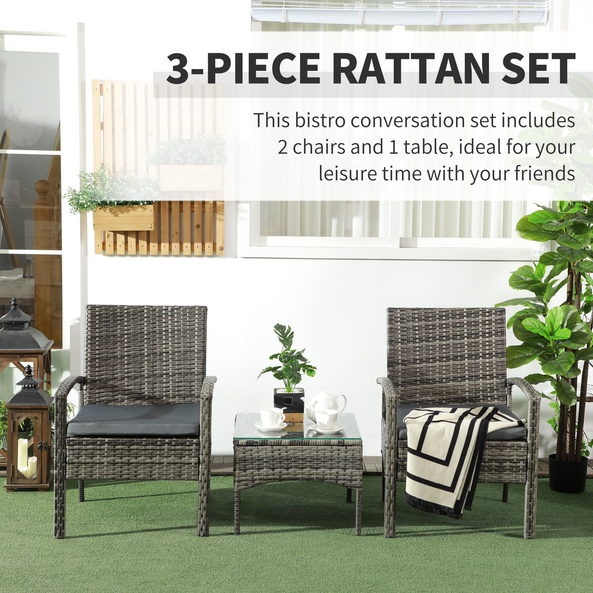 Outsunny 3 Pieces Rattan Bistro Set, Wicker Garden Furniture Set with Glass Top Coffee Table and Chairs, Washable Cushions for Outdoor, Patio, Balcony, Mixed Grey