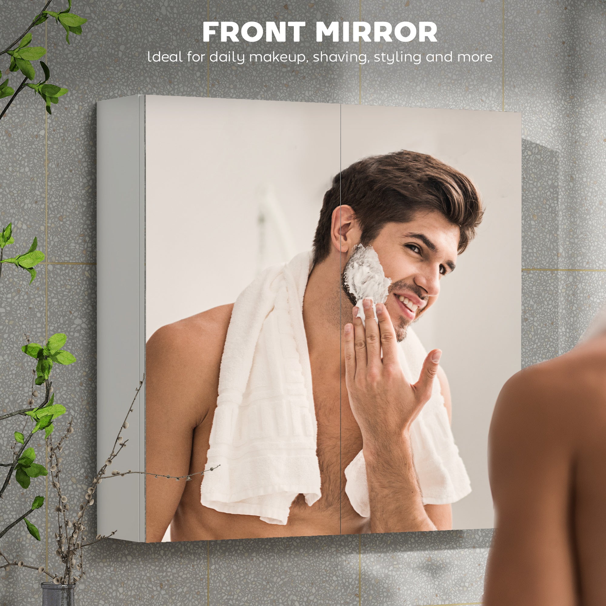 HOMCOM Double Door Wall Mounted Glass Mirror Cabinet Modern Storage Unit Bathroom Shelf Organiser Waterproof Wooden Frame 60W x 15D x 60H cm