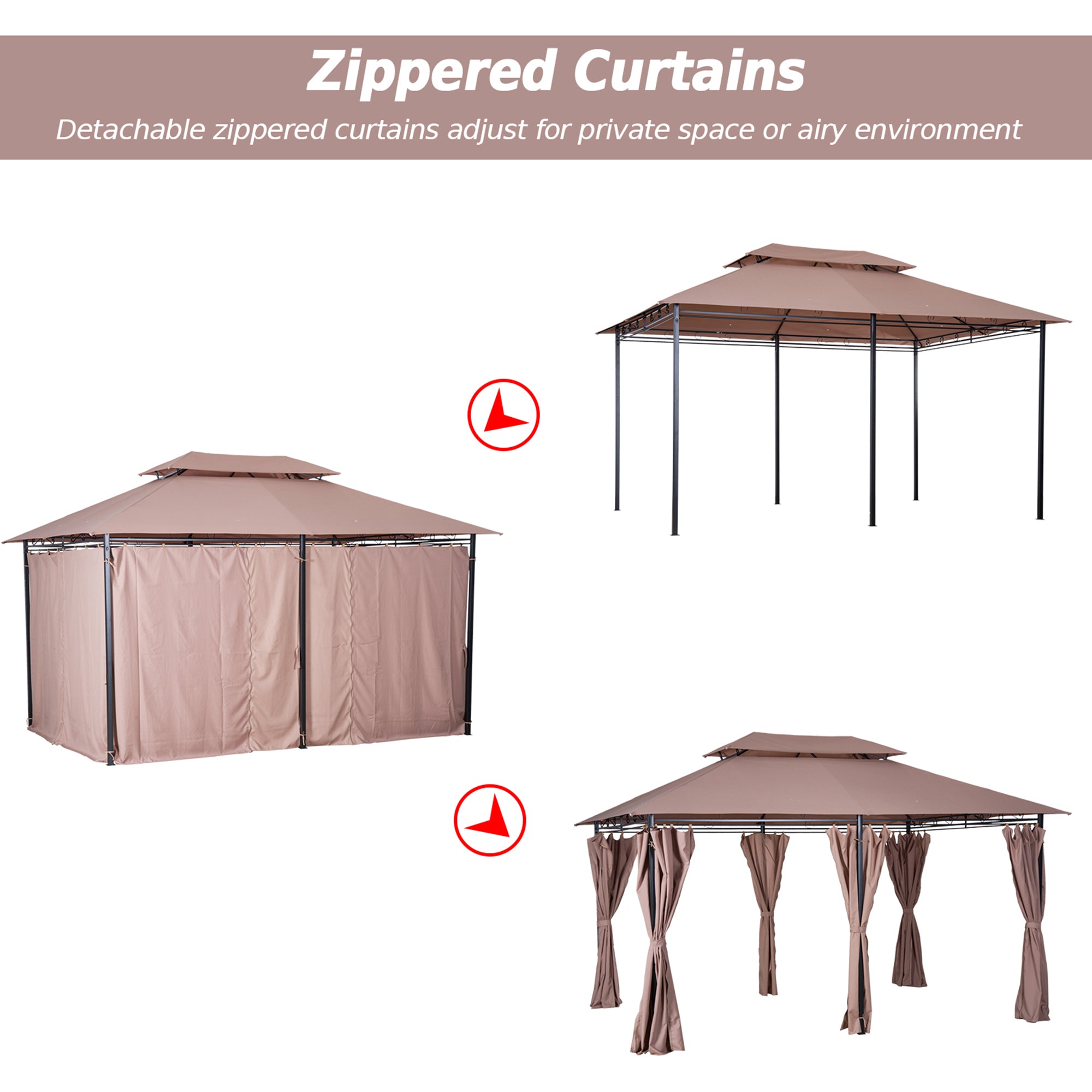 Outsunny 4m x 3(m)Garden Gazebo, Double Roof Outdoor Gazebo Canopy Shelter with Curtains, Solid Steel Frame for Patio, Garden, Brown
