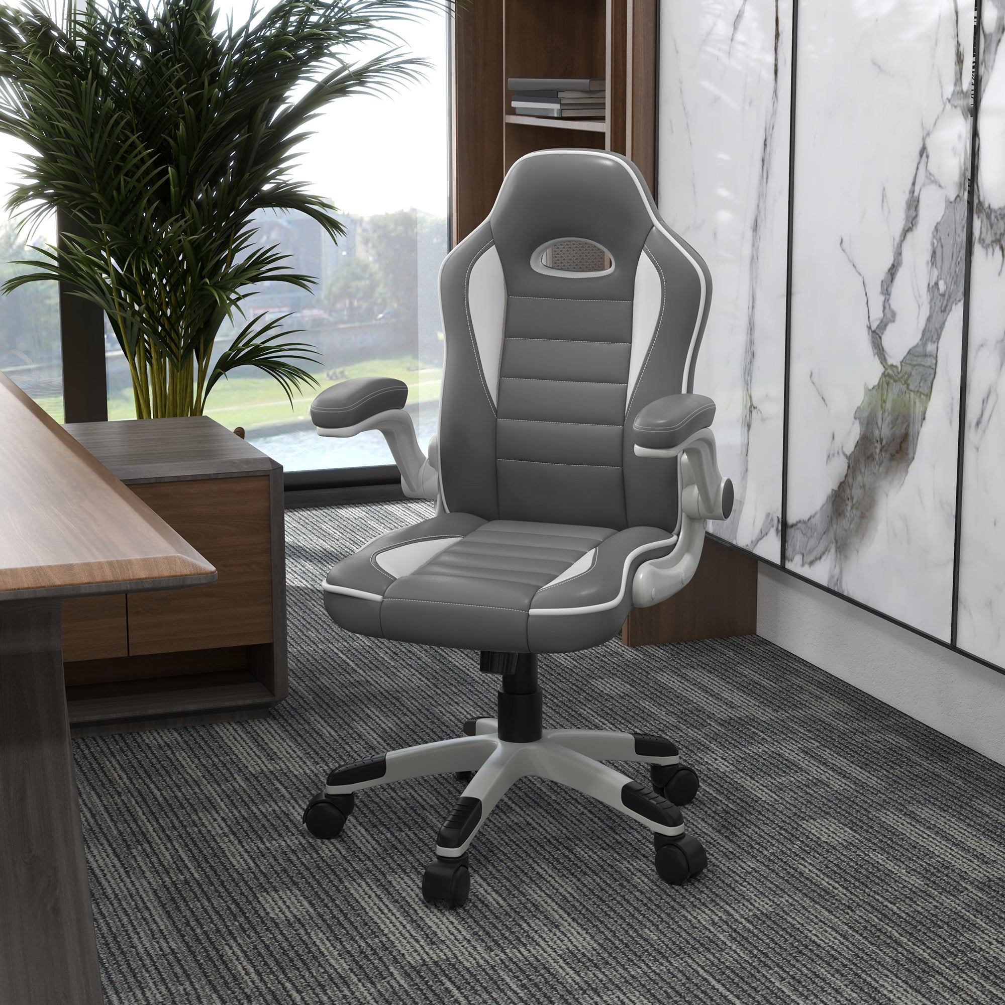 Vinsetto Computer Gaming Chair, Office Desk Swivel Chair, PU Leather Racing Chair with 90\'c2\'b0 Flip-up Armrest, Adjustable Height and Rolling Wheels, Grey