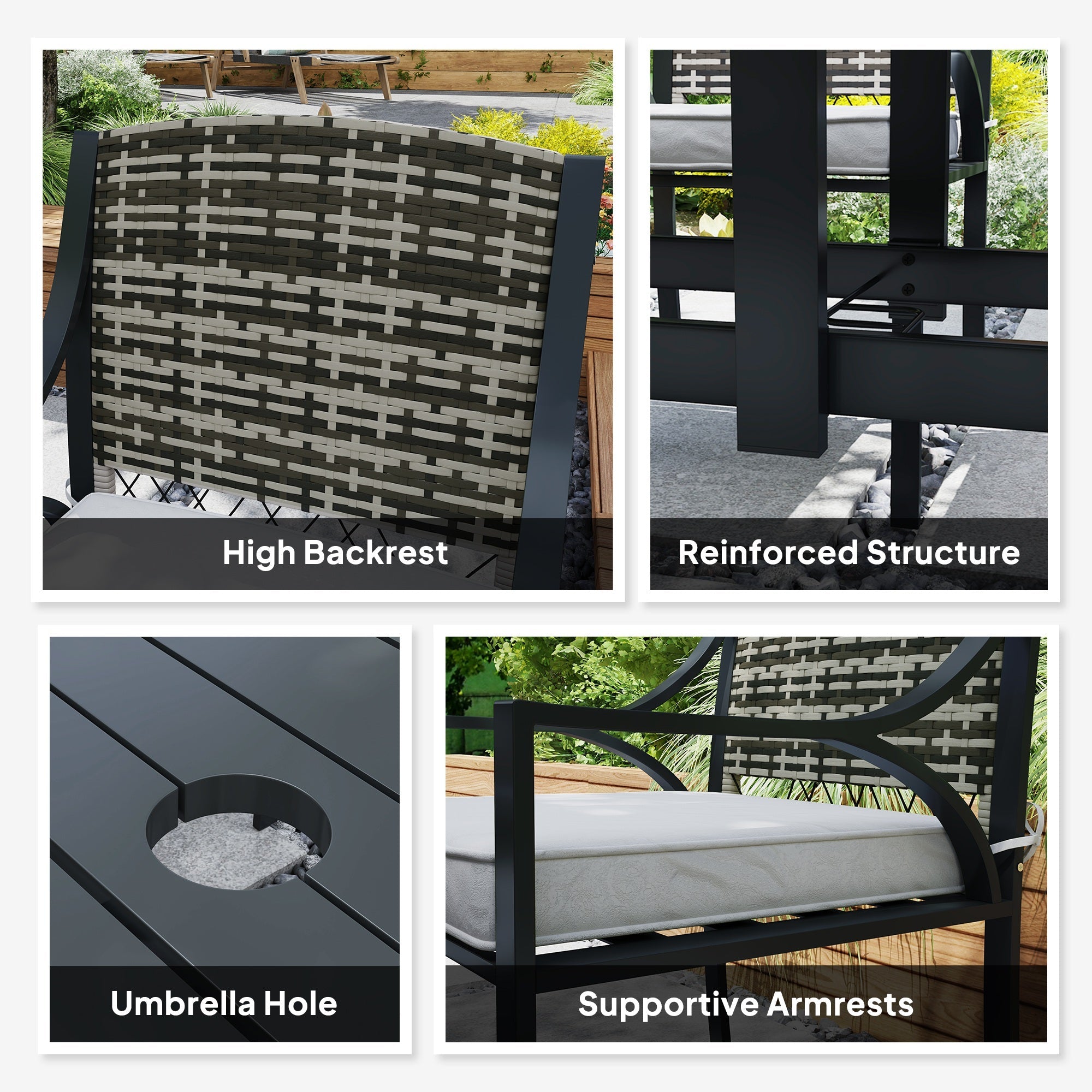 Outsunny Rattan Garden Furniture Set with Cushions, 6 Seater Rattan Dining Set with 6 Armchairs, 150 x 96cm Rectangular Table, Umbrella Hole, for Outdoor, Patio, Balcony, Terrace, Conservatory