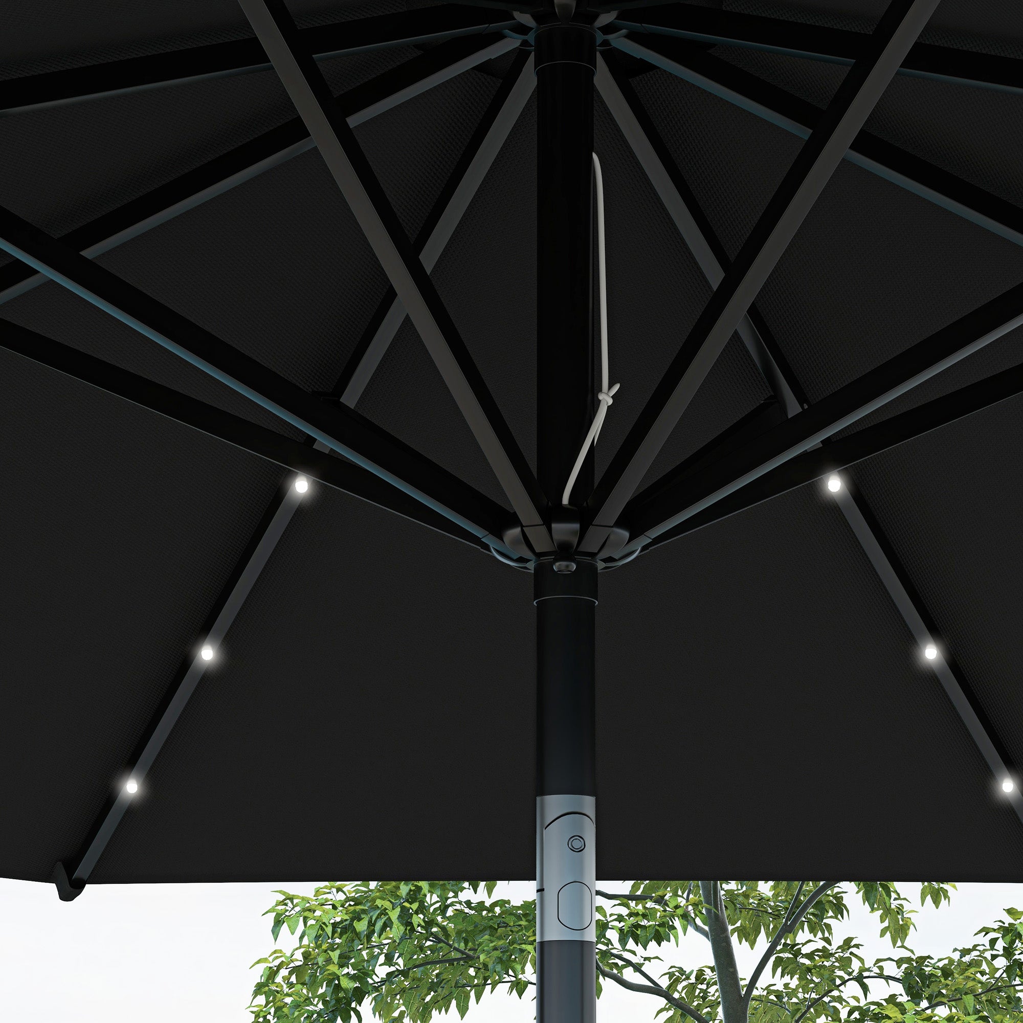 Outsunny \'ce\'a62.7m Garden Parasol Solar Outdoor Tilt Sun Umbrella Patio Sun Shade w/ 24 LED Light, Hand Crank and 8 Ribs, Black