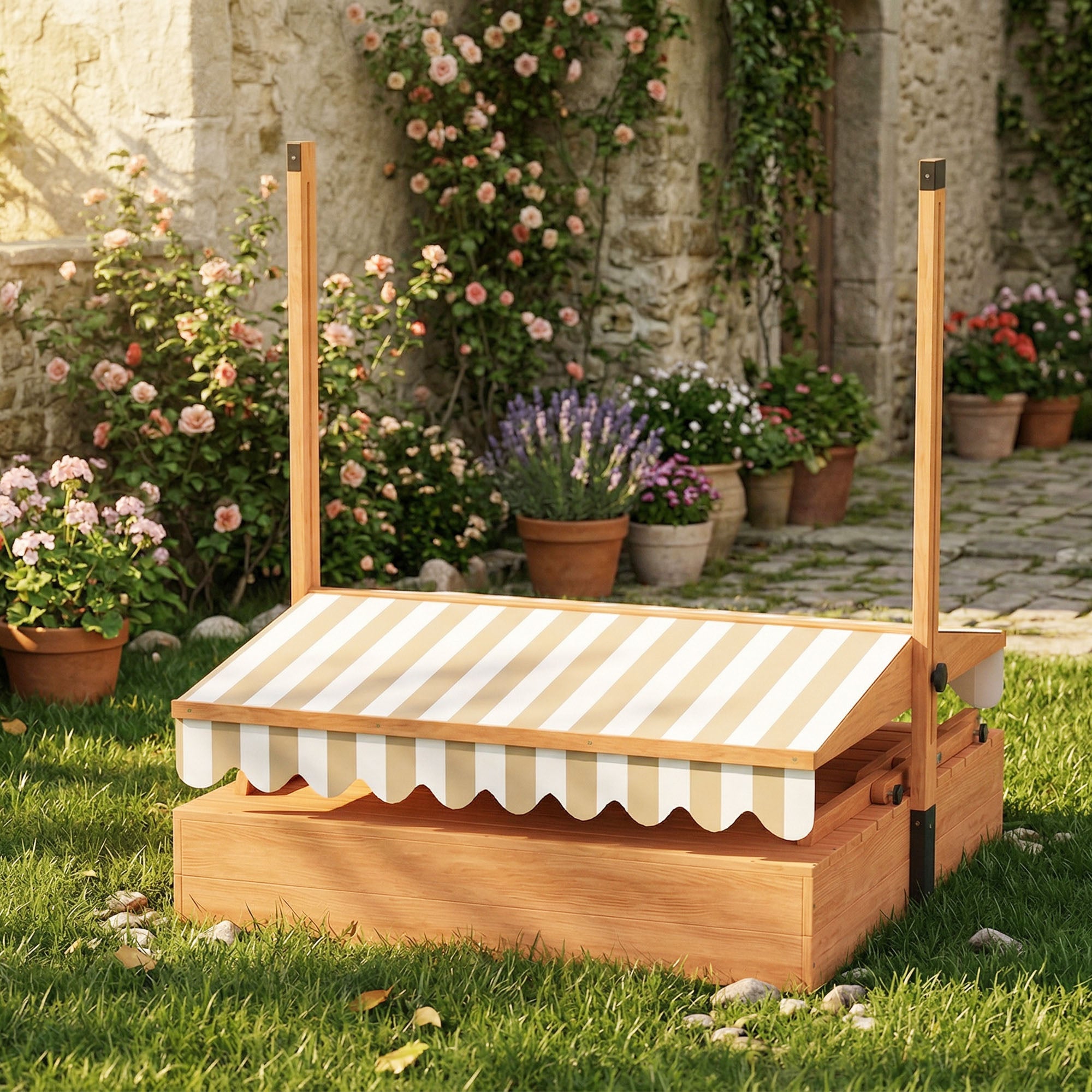 AIYAPLAY Kids Sand Pit with Lid, Wooden Sandpit with Canopy, Foldable Picnic Table, Bench Seats, Bottom Liner for Patio Garden