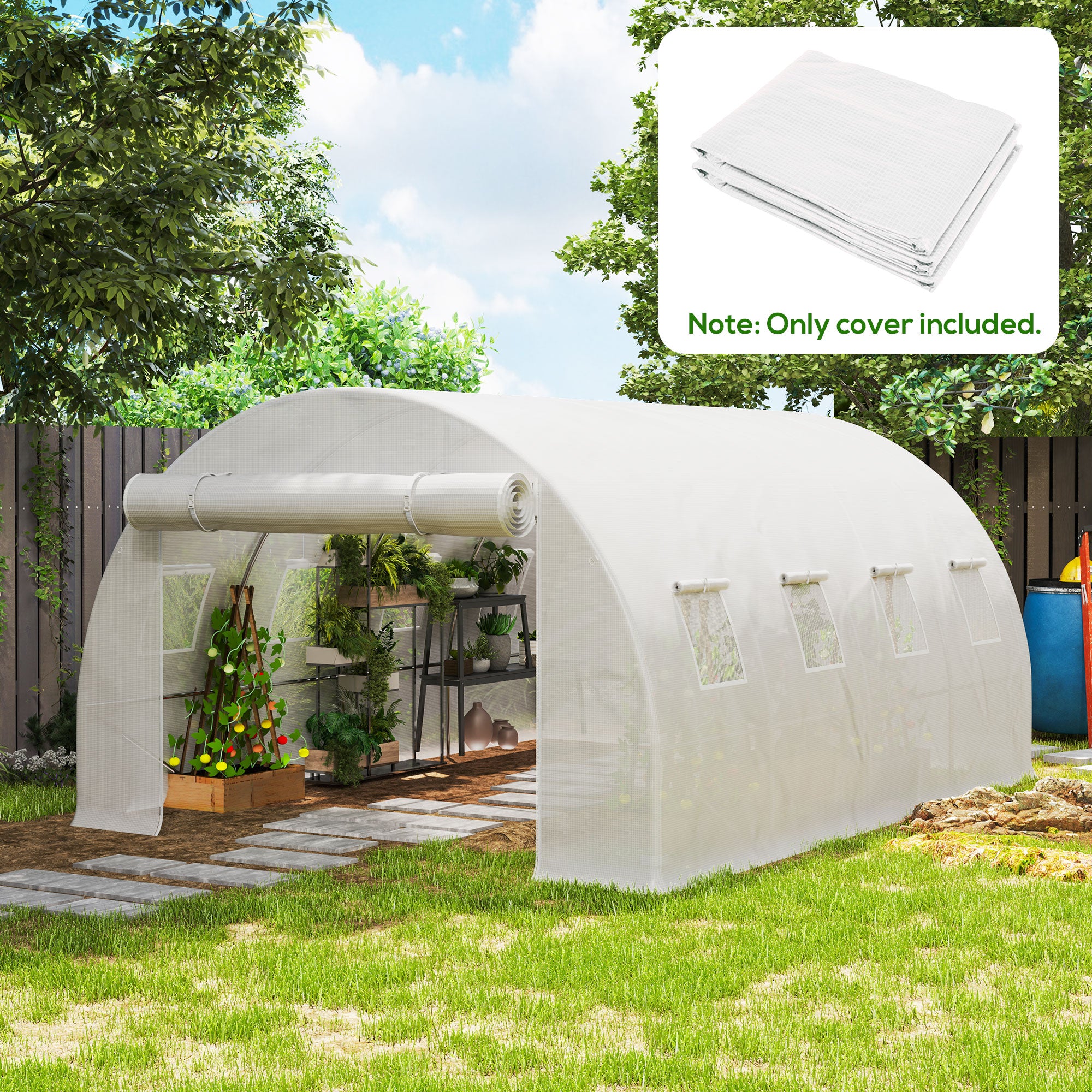 Outsunny 4 x 3 x 2m Polytunnel Greenhouse Replacement Cover ONLY Winter Garden Plant PE Cover for Tunnel Walk-in Greenhouse with Roll-up Windows Door Outdoor, White