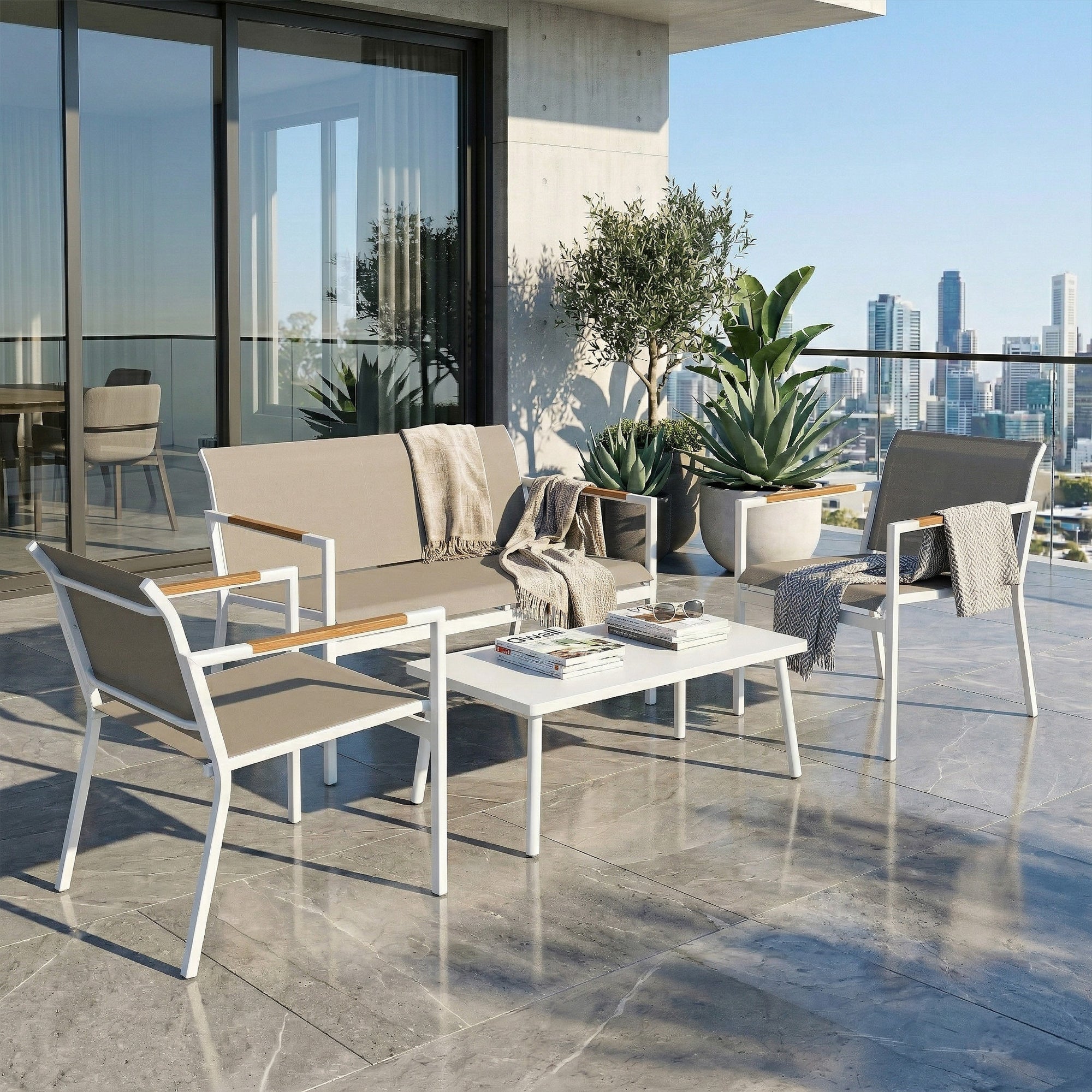 Outsunny 4 Seater Garden Furniture Set with Loveseat, Armchairs, Table, Metal Garden Sofa Set with Breathable Seats, Khaki