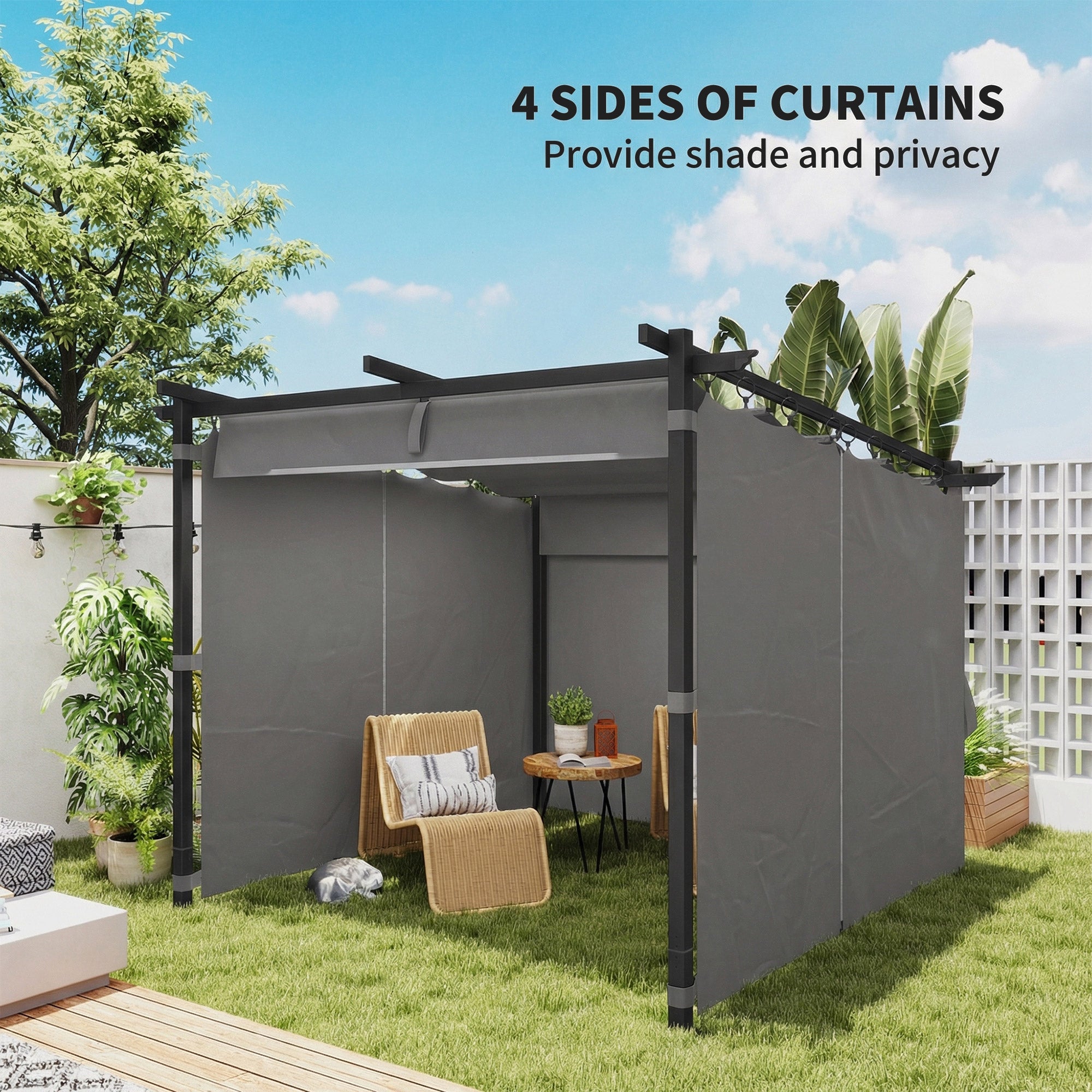 Outsunny 3 x 3 m Retractable Roof Pergola, with Curtains - Light Grey