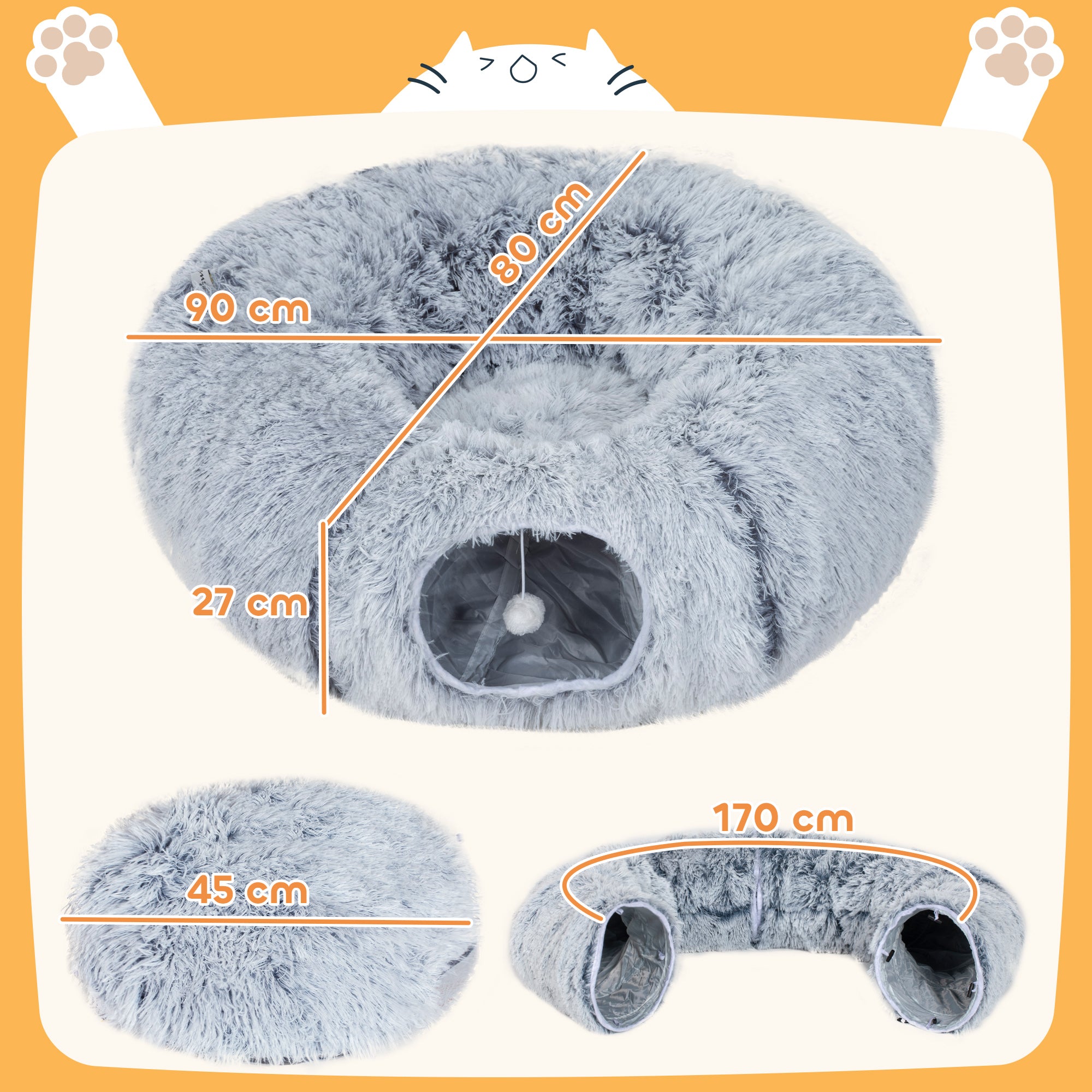 PawHut 2-in-1 Donut Cat Tunnel with Washable Bed, Play Tunnel Bed with Toy Ball and Door Hole for Indoor Cats, Light Grey
