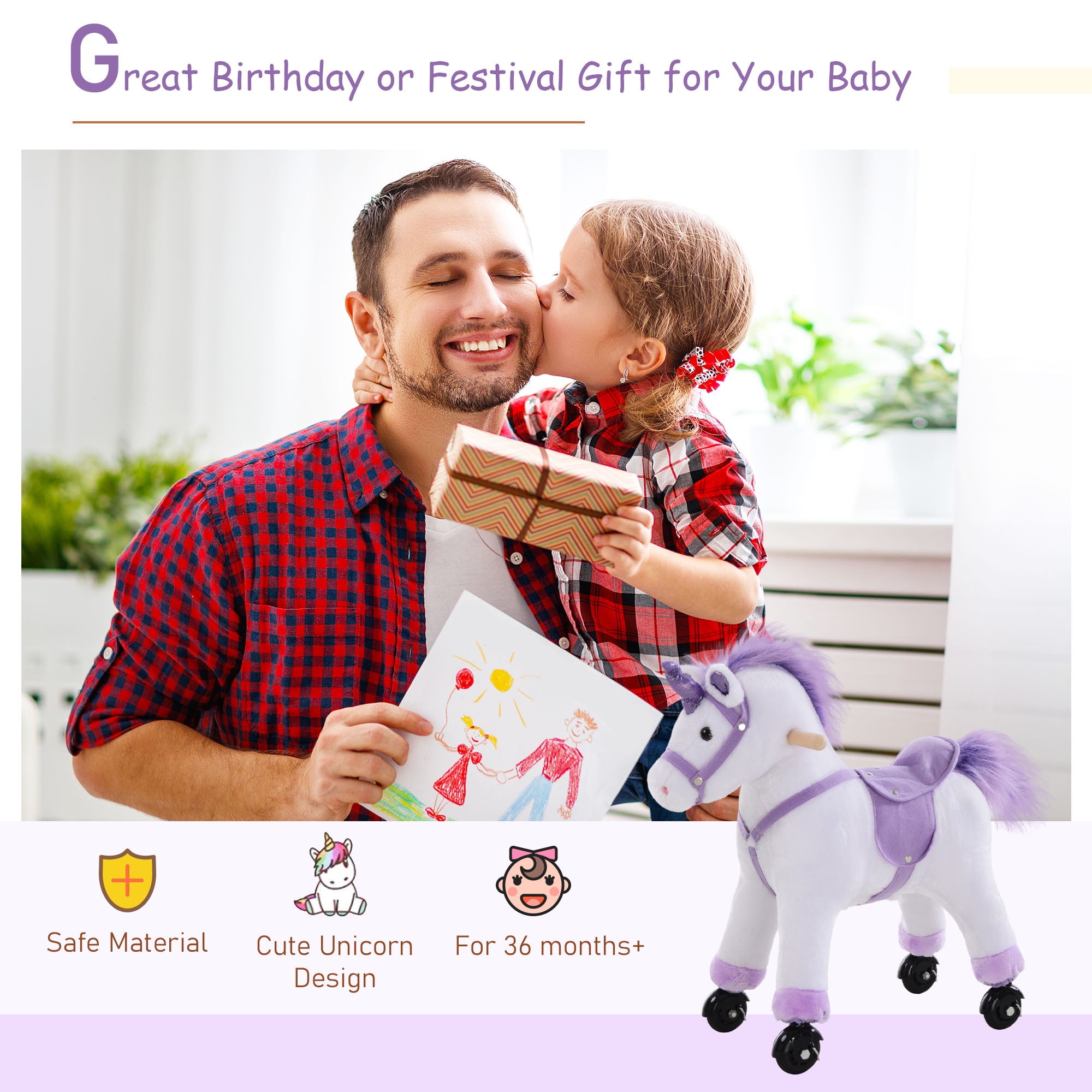 HOMCOM Kids Rocking Horse Plush Ride on Walking Unicorn Horse w/Realistic Sound Ride On Rocker with Handlebar for Age 3+ Purple