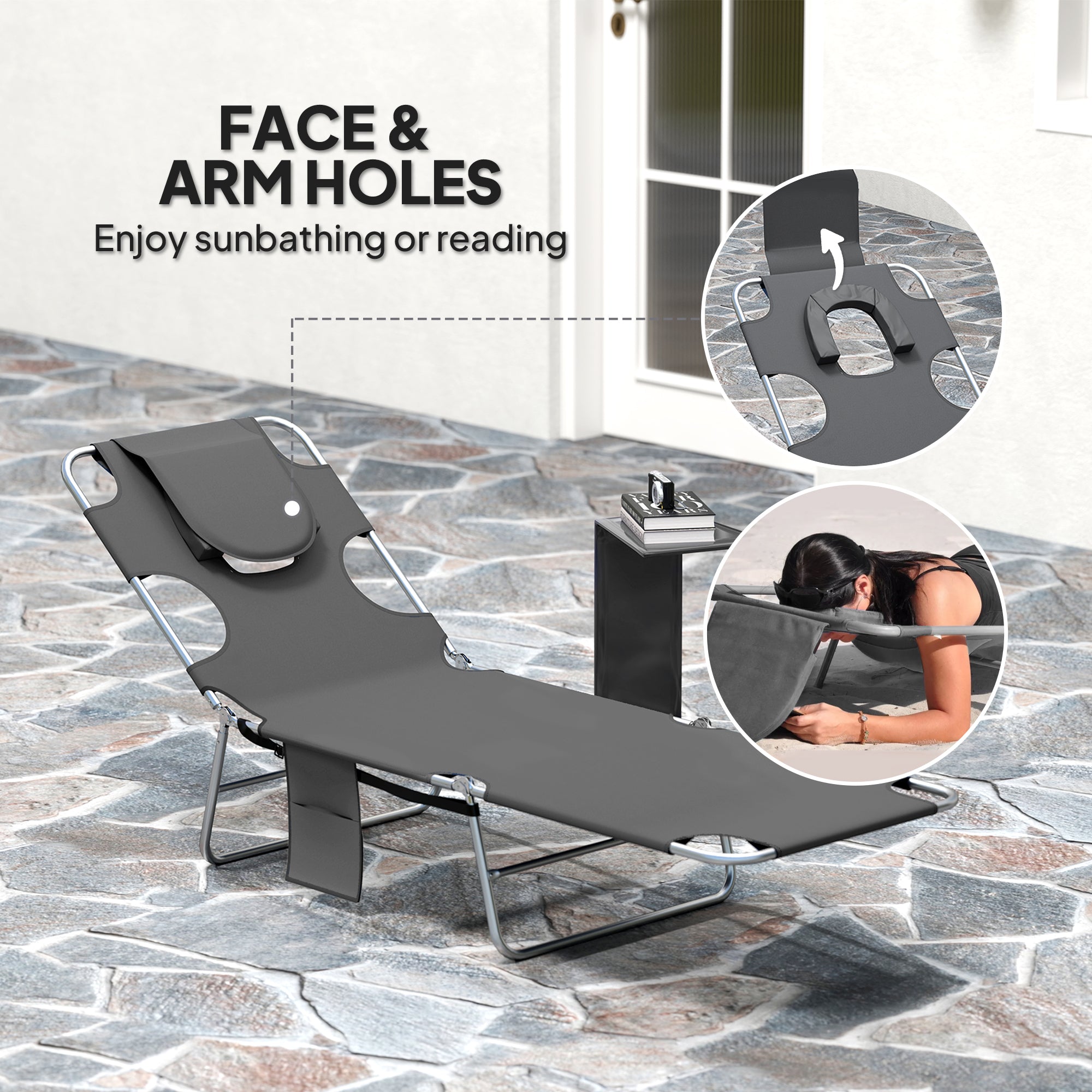 Outsunny Reclining Face Hole Sun Lounger - Dark Grey