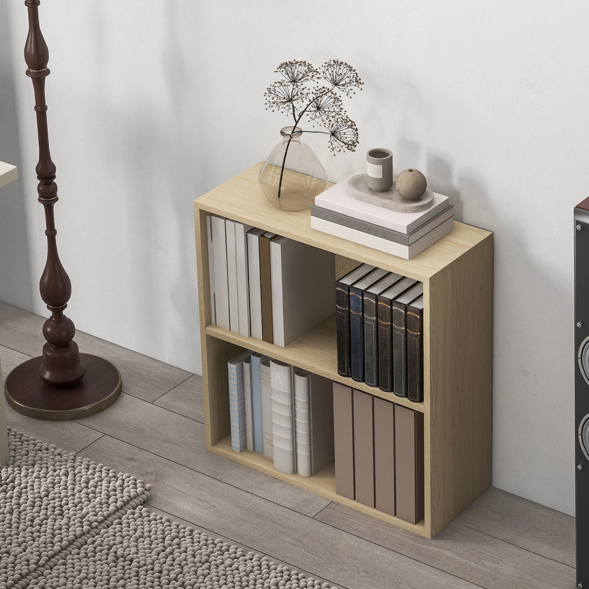 HOMCOM 2 Tier Bookshelf, Low Bookcase with Adjustable Shelf, 2 Compartments for Home Office, Living Room, Study, Natural