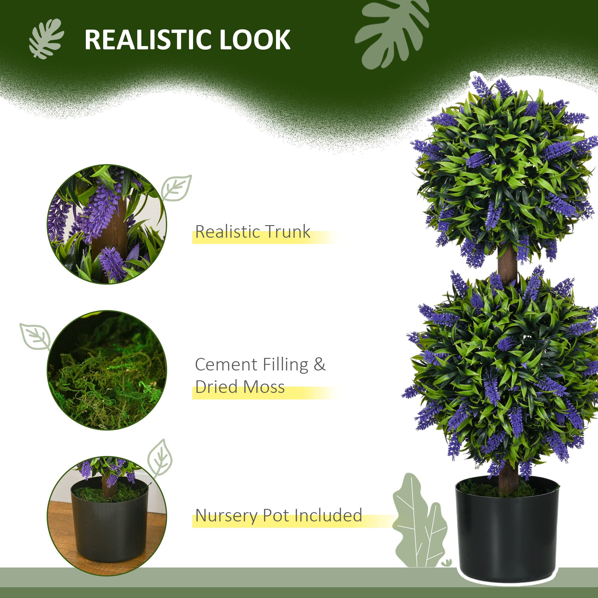 HOMCOM Set of 2 Artificial Plants, Lavender Flowers Ball Trees with Pot, for Home Indoor Outdoor Decor, 70cm
