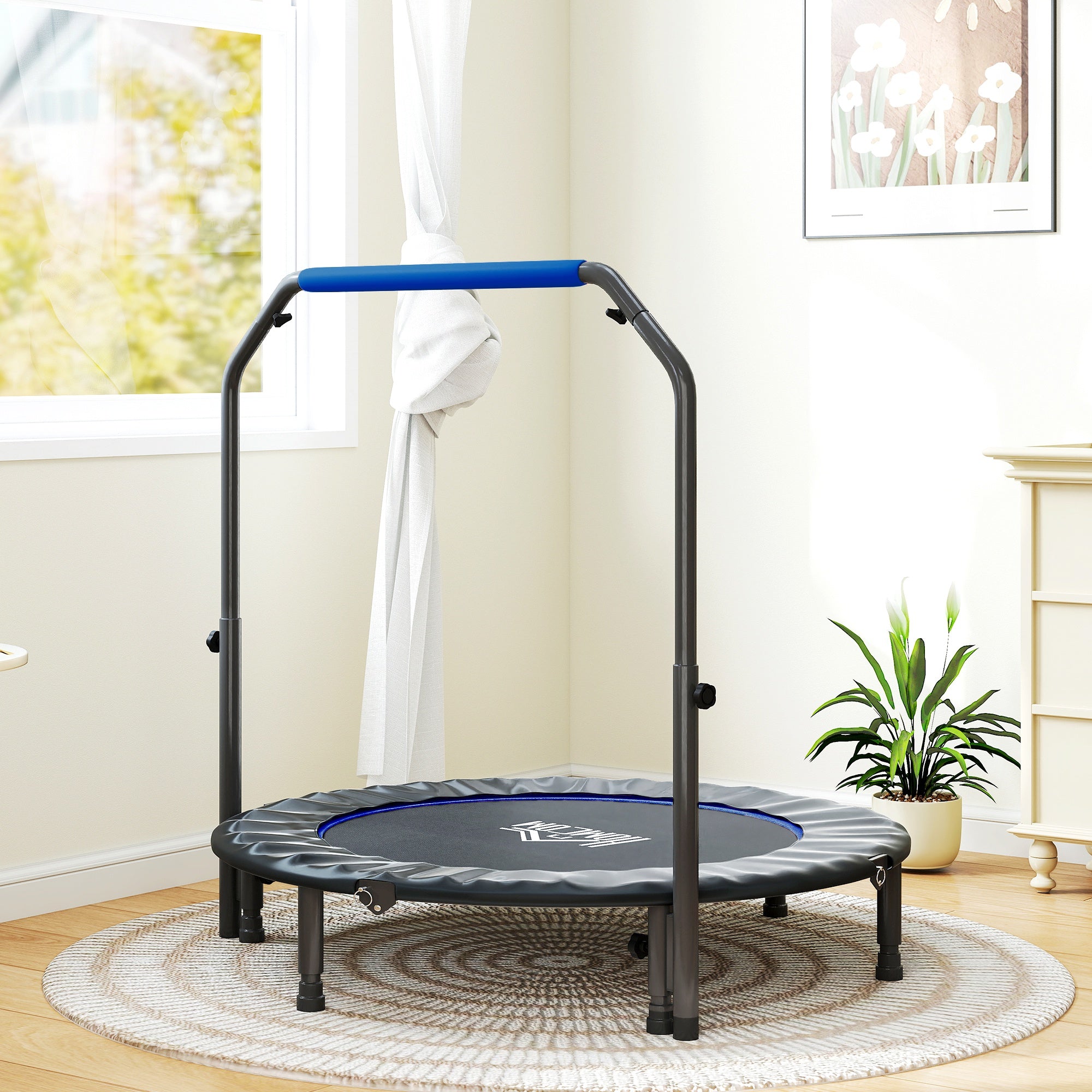 HOMCOM 48" Foldable Mini Fitness Trampoline, with Adjustable Foam Handle, Blue