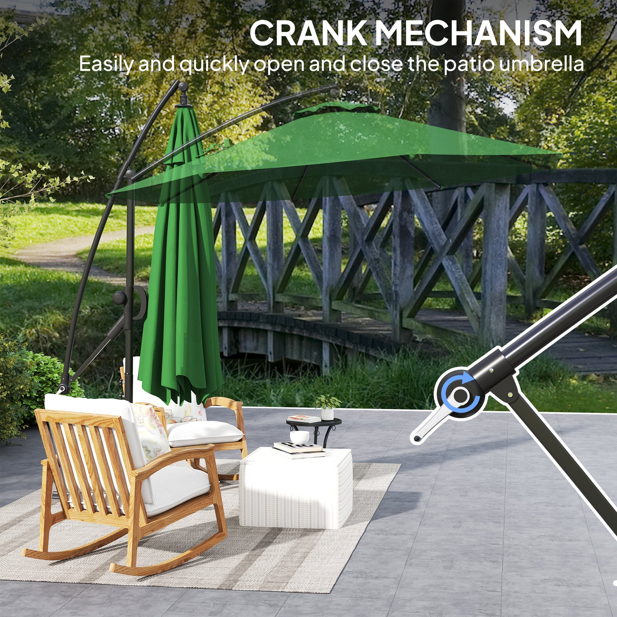 Outsunny 3(m) Garden Cantilever Parasol with Cover and Wind Protection Strap, Round Overhanging Umbrella with Crank Handle and Tilt, Banana Patio Umbrella for Outdoor Sun Shade, UPF50+, Green
