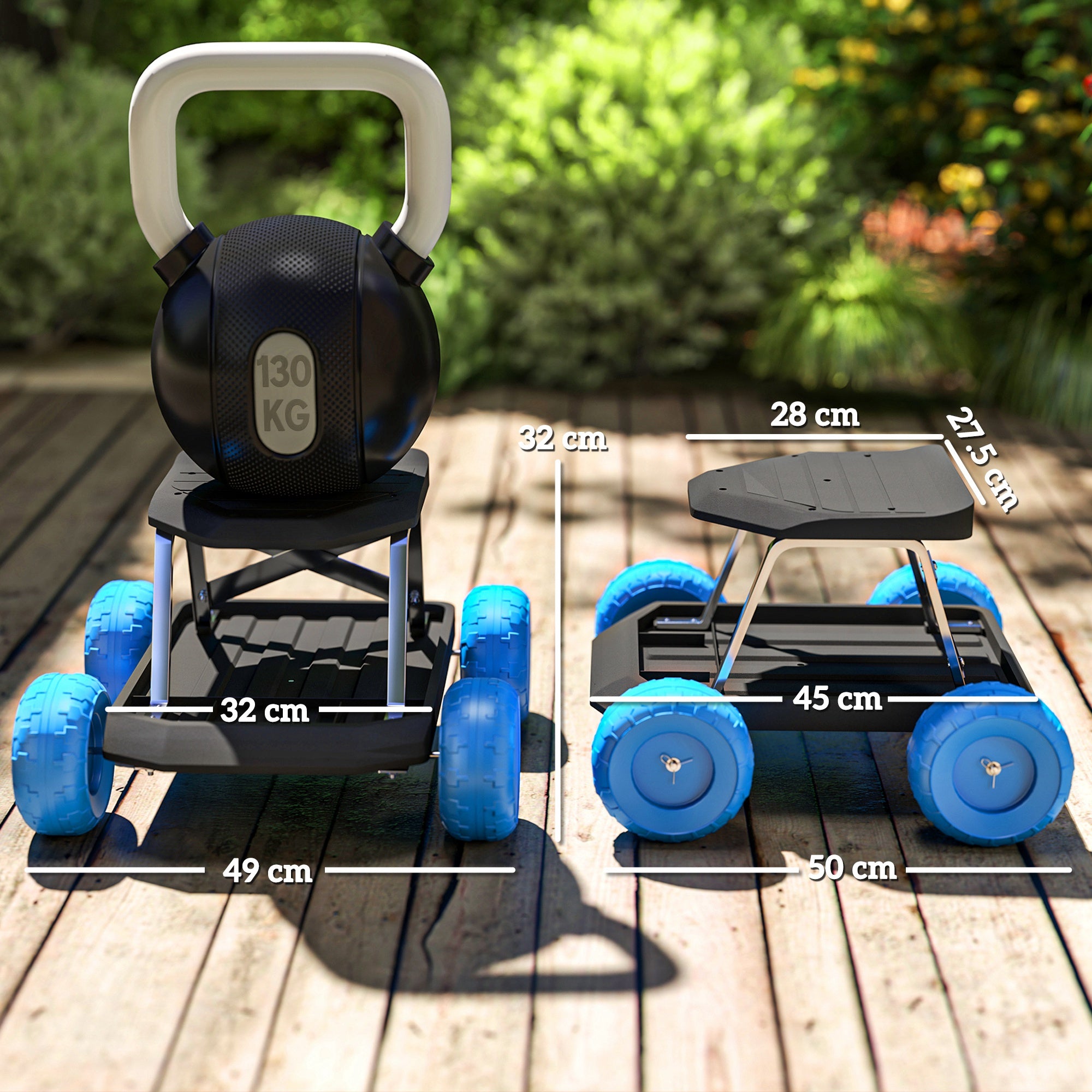 Outsunny Garden Cart with Wheels, Garden Stool Trolley with Tool Tray, Rolling Garden Seat for Weeding, Planting, Blue